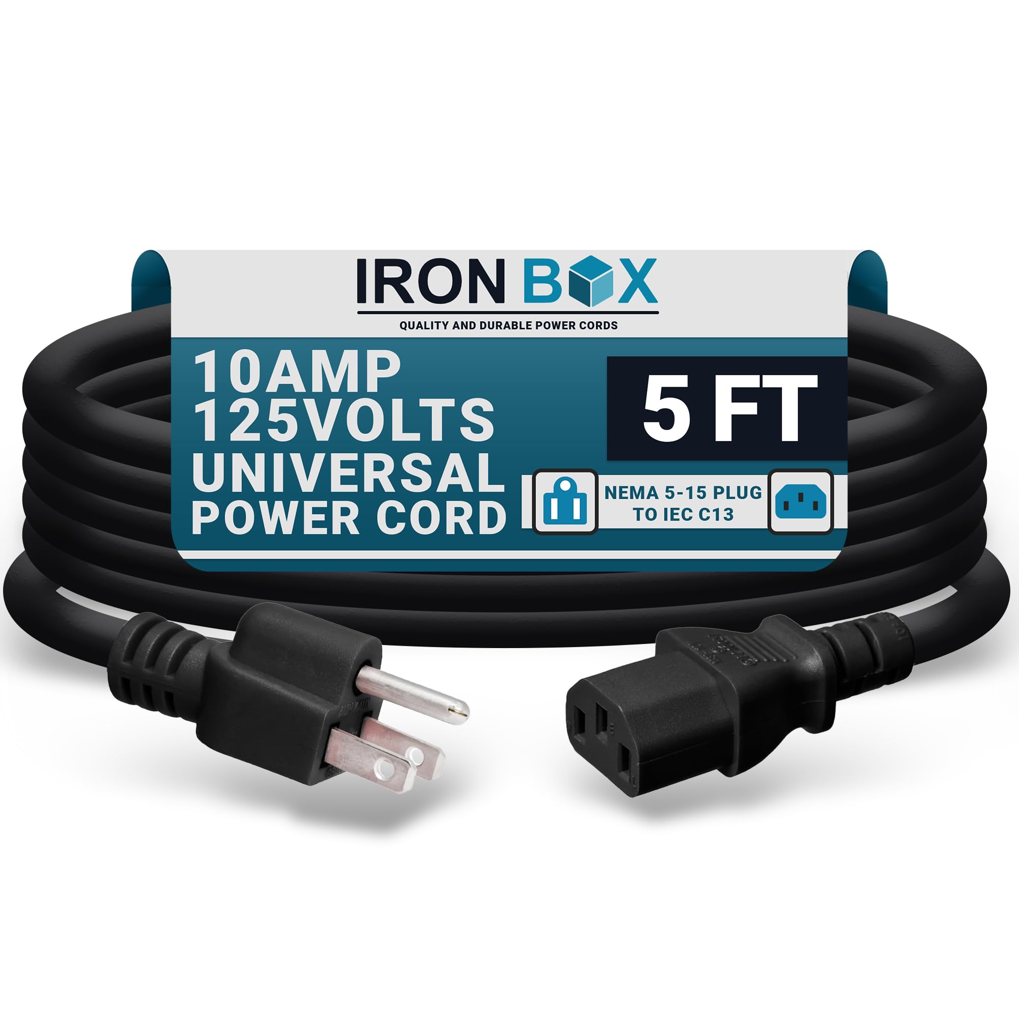 IronBox Electric NEMA 5-15 Plug to IEC C13 Connector Power Cords - 10A,125V, 18/3 SJT - UL Listed Universal Power Supply Cable - Jumper Cord for