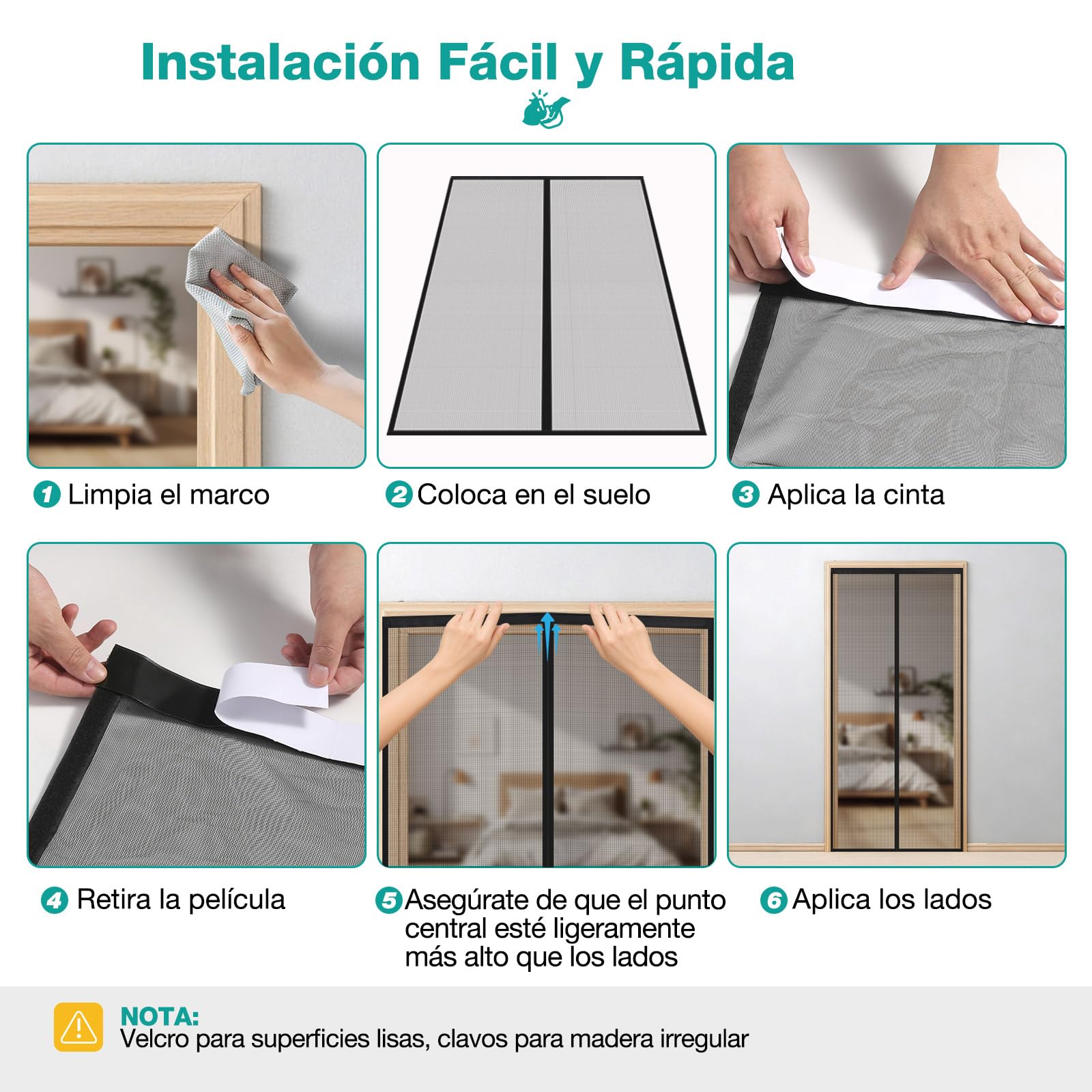 HALIDOOR Mosquitera Puerta Magnética 70x215 cm Negra, cortina mosquitera con imanes, Cierre Automático sin Taladrar, Malla Fina, Poliéster Resistente para Puerta Exterior, Balcón, Salón y Entrada — view 6