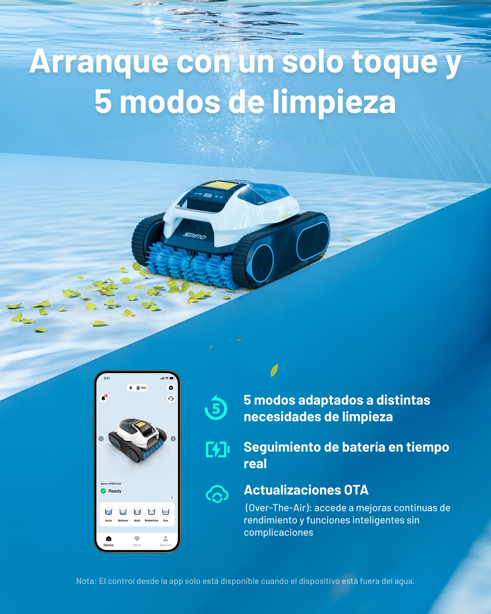 Spino E1 Robot Limpiafondos Auto de Piscina Sin Cable, Autonomía de 210 Mins, 21950 LPH MAX, 5 Modos Robot de Piscina 150㎡, Limpieza de Pared y Línea de Agua, Control por App, Viaje SmartArc