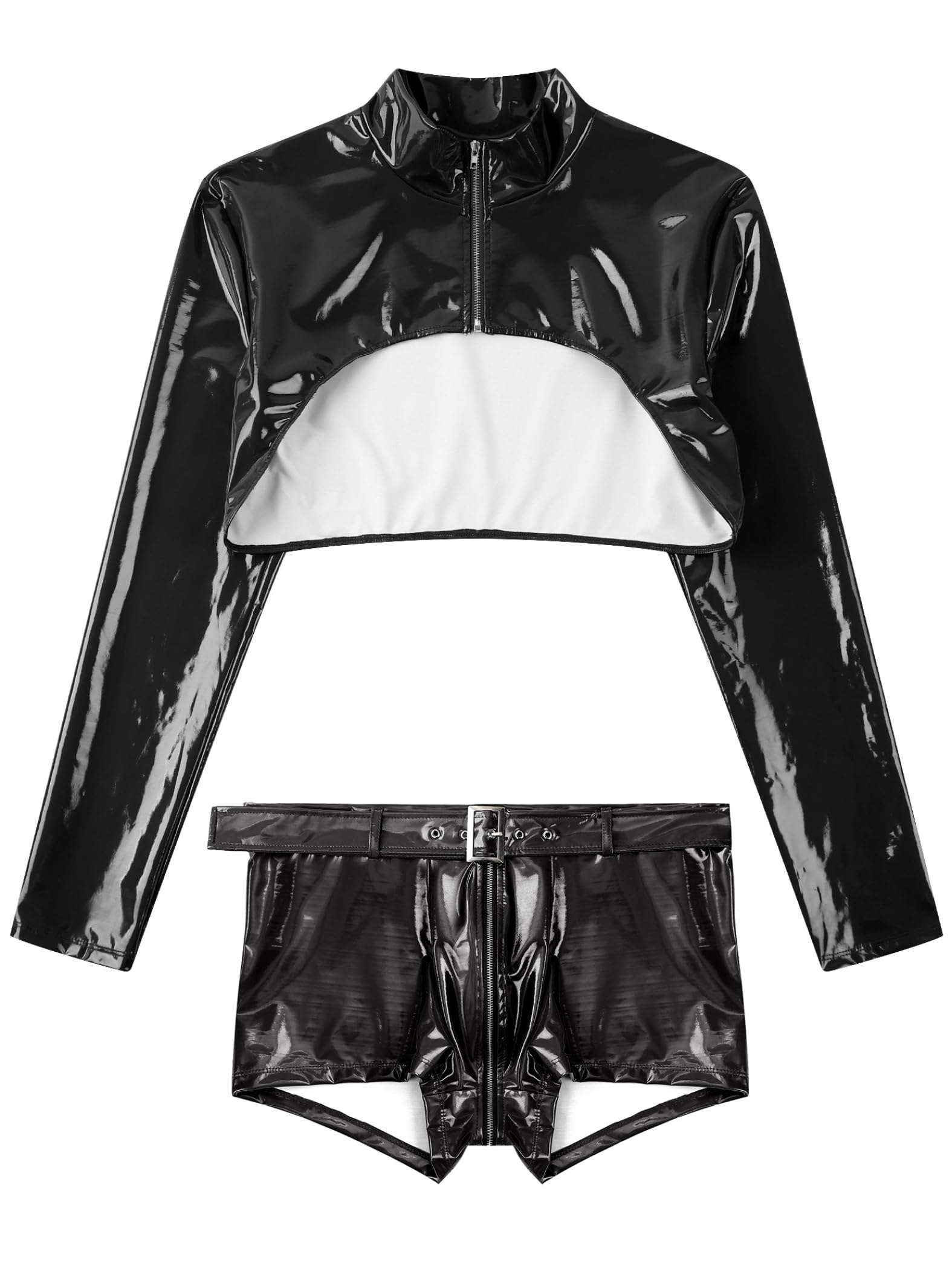 Uomo Wetlook Set Intimo Pelle Laccata Lingerie Erotica Pigiama Crop Top Top Senza Pancia Boxer in Pelle Pu