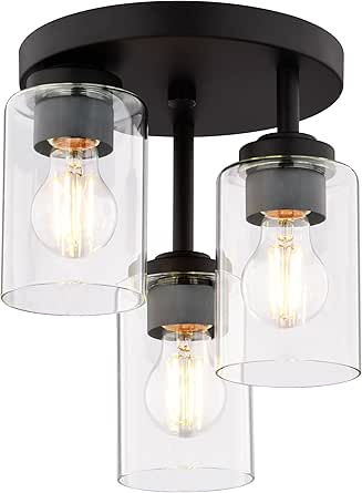 VAXCEL Park Ridge 3-Light 10.5 in. Wide Matte Black Transitional Cylinder Flush Mount Lighting Fixture, Clear Glass Shade, LED Compatible, for Low Ceilings, Bedroom, Hallway, Kitchen