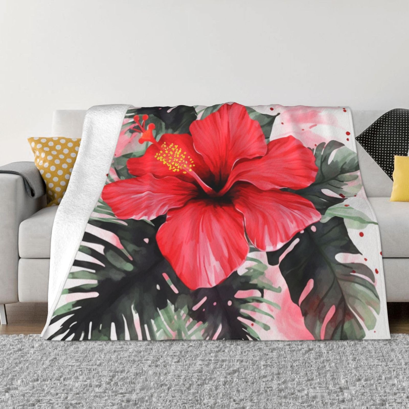 KLOPH Red Hibiscus Throw Blanket 40"x30" Flannel Fluffy Warm Blanket for Couch, Reversible Plush Blankets for Bed, Comfy Fuzzy Blanket for Sofa, Plush Lightweight-Blankets for All Season