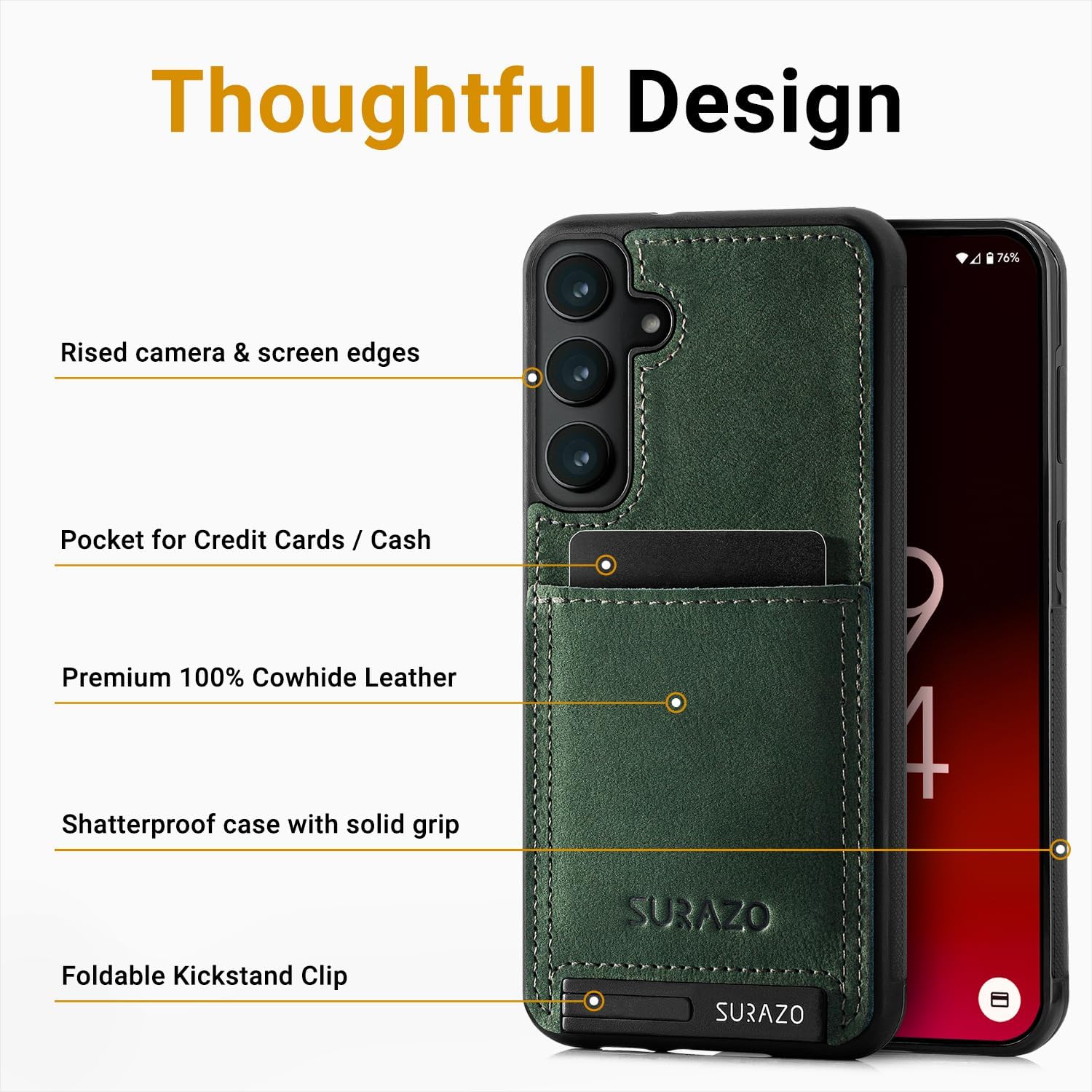 SURAZO Leather Case for Samsung Galaxy S25 Plus Case with Camera Protection - Genuine Leather Back Mobile Phone Case [Card Slot] [Stand Function] [Key Ring] Shockproof Genuine Leather Protective Case
