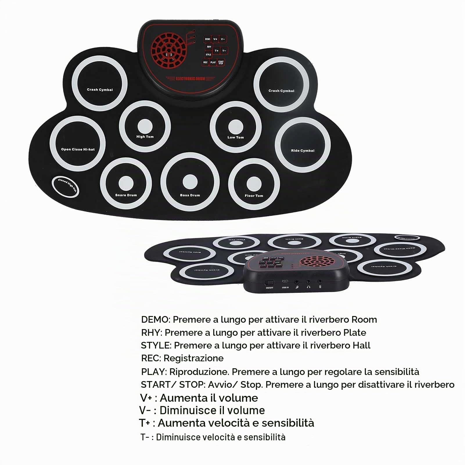 Set di Batteria Elettronica, Set di Batteria Avvolgibile, Kit di Batteria con Pad Avvolgibile da 9 Pad, con Pedali e Bacchette, Doppio Altoparlante Integrato, Ideale per i