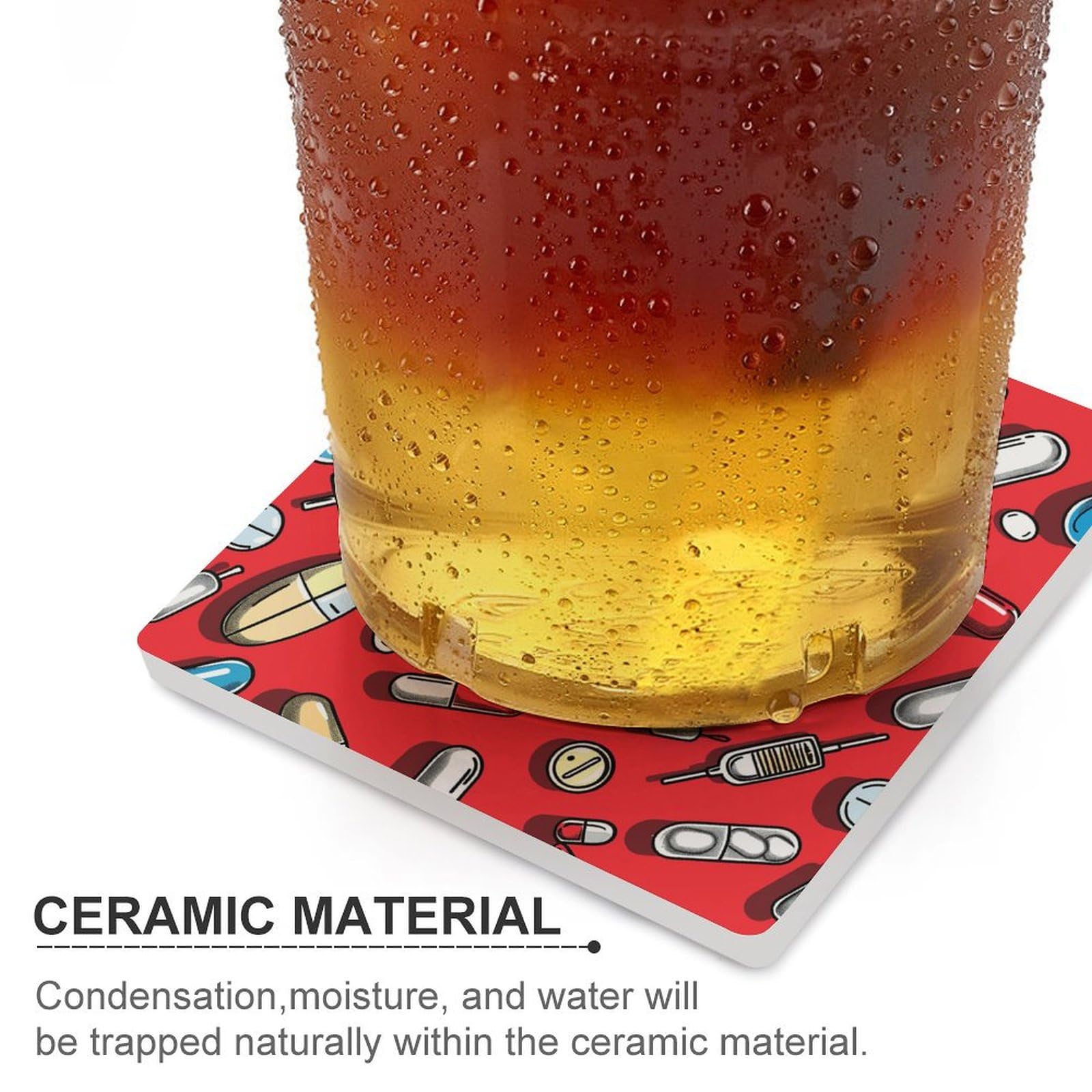 4 posavasos cuadrados de cerámica para bebidas, patrón de píldoras rojas, posavasos impresos para el hogar y el café, regalos de cumpleaños, adecuados para tipos de tazas
