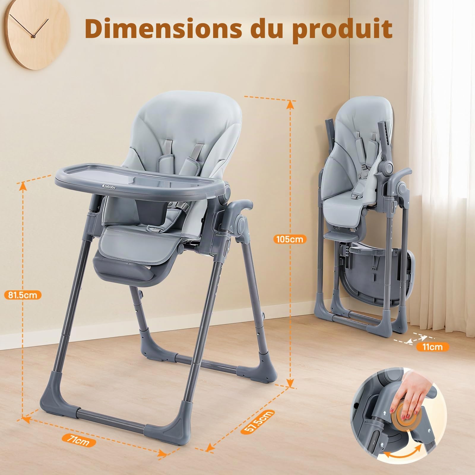 Ezebaby Chaise Haute Bébé Evolutive Chaise enfant 6 Réglable en Hauteur, Pliable, avec Roues Intégrées et Harnais de Sécurité à 5 Points Idéale pour Manger et Jouer (Gris)