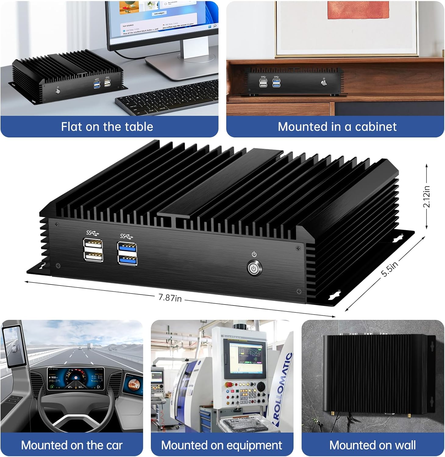 Rugged Fanless Industrial Mini PC, Desktop Computer Core i7-5500U 2.4-3.0GHz, Win-10 Pro, 8G RAM, 128G SSD, 2xNICs, 2xCOM RS232, HDMI/VGA Port, 4xUSB3.0, WiFi, Auto Power On, Full Metal Case
