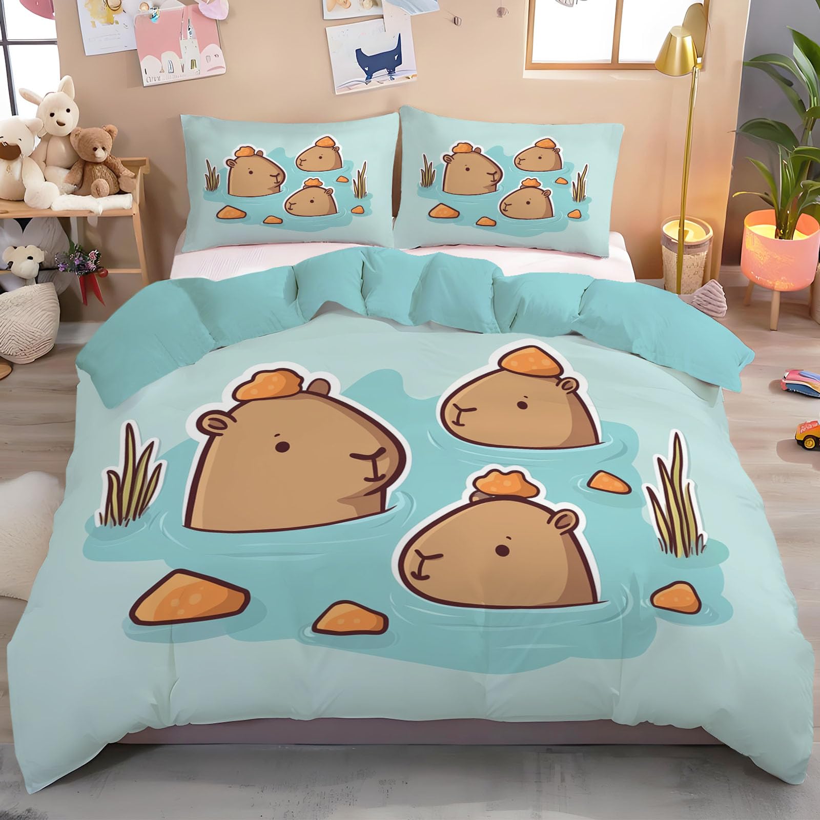 Housse de couette capybara imprimé dessin animé graffiti bleu clair parure de lit 220x240