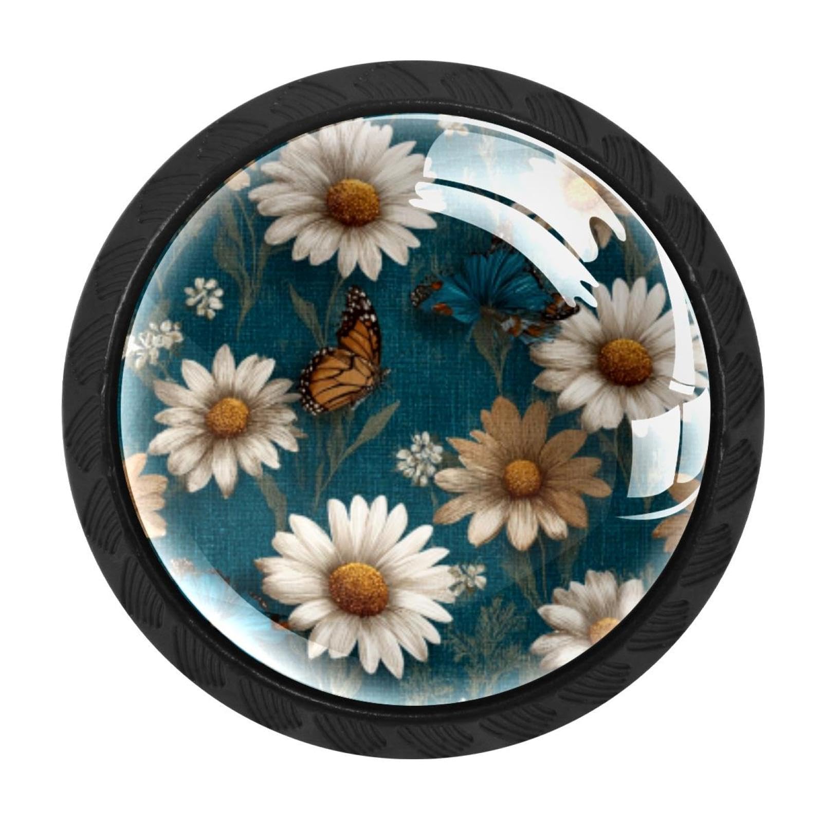 CHENZZZZ 4 Pieces Kitchen Cabinet Drawer Dresser Door Knobs Pulls Handles, Rustic Teal Daisy Butterfly Farmhouse (4)