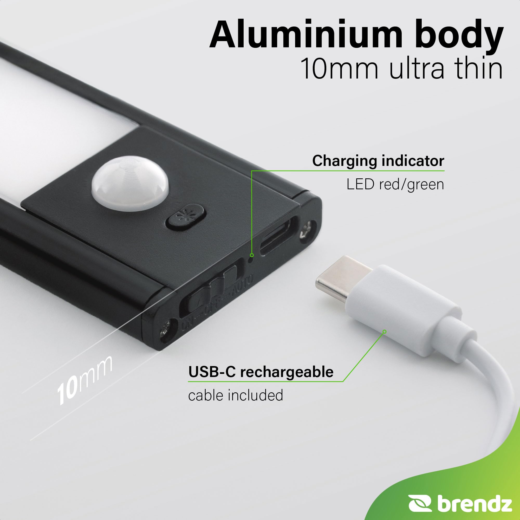 Brendz LED Sottopensile Cucina, Luce LED Ricaricabile, 40cm, USB-C, 2200mAh, 3 Temperature di Colore, Dimmerabili, Magnetica, Luci LED Cucina Sottopensile Senza Fili, Puyo Nero