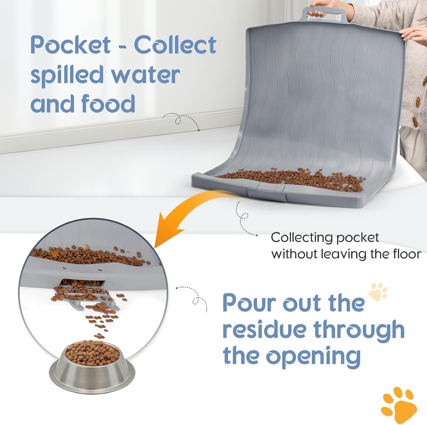 Dog Food Mat, 34"X24" Large Dog Mats for Food and Water Silicone Pet Food Mat with Residue Collection Pocket Waterproof Large for Feeding Cat Bowl Floors-Gray