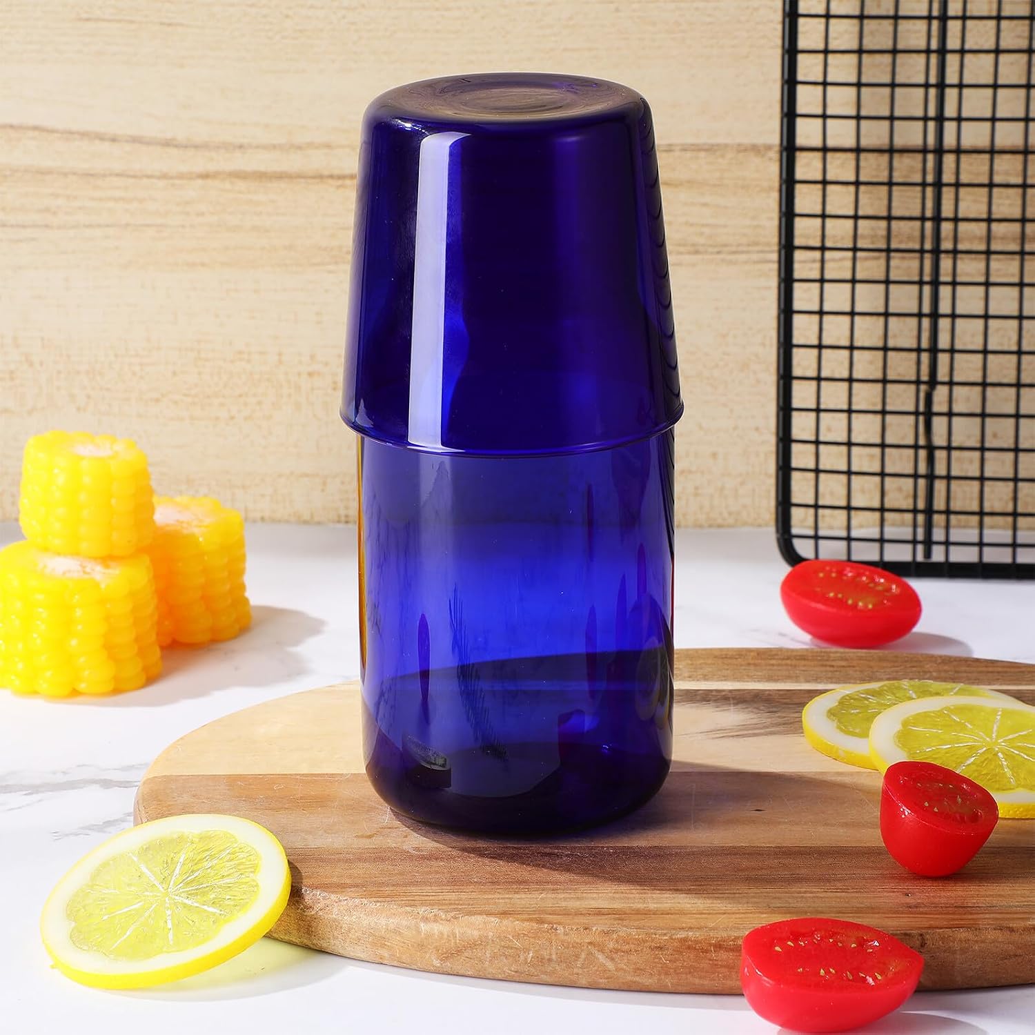 Blue Glass Drinkware Set with 1 Cup and 1 Bottle Large Capacity