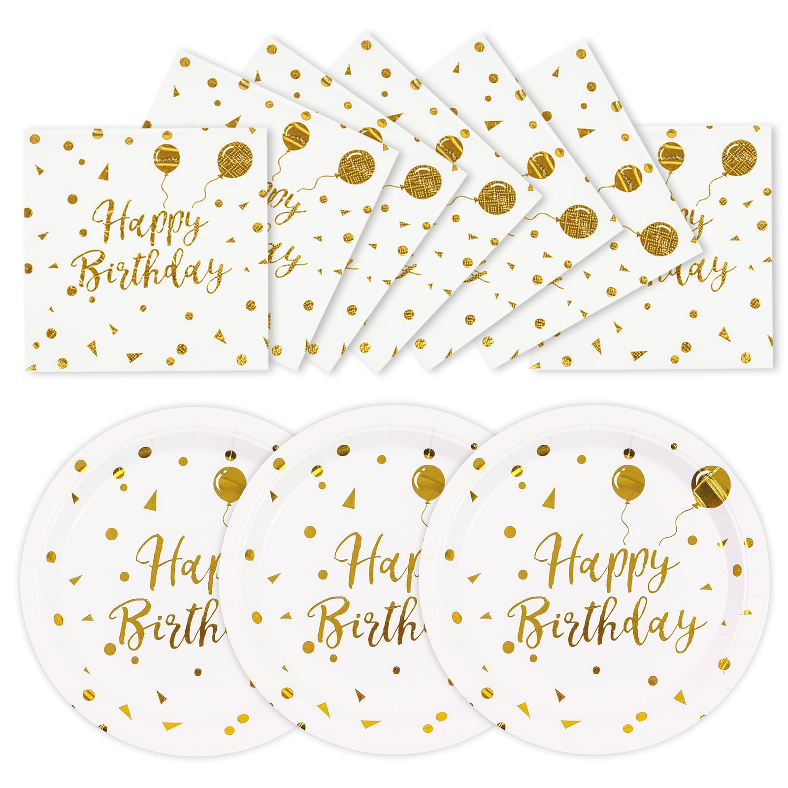 HiEnjoin 50PCS Happy Birthday Plates and Napkins Party Supplies, White and Gold Disposable Paper Plates and Napkins Tableware Set for Birthday Party Decorations 25 Guests
