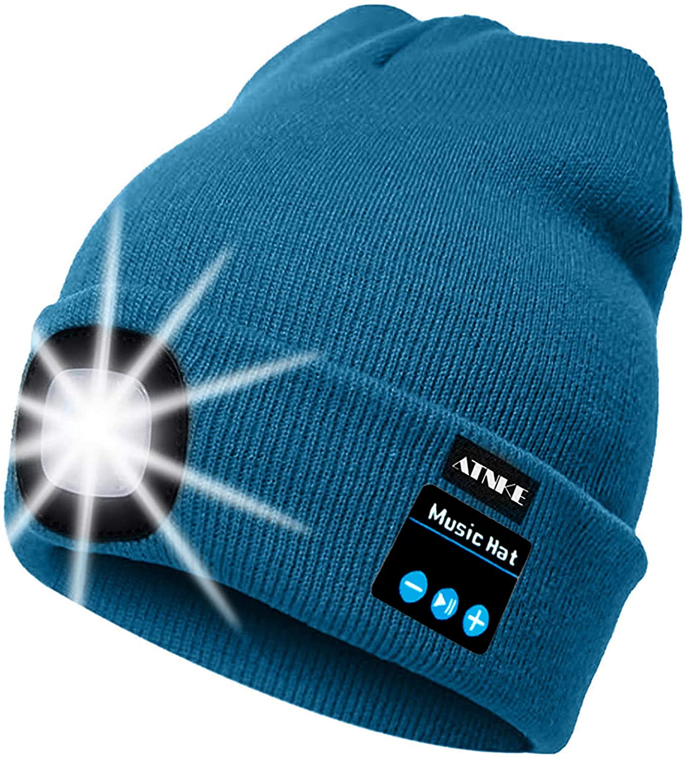 Atnke Women's Peacock Blue Led Lighted Bluetooth Beanie Cap, Usb Rechargeable Wireless Musical Running Hat Ultra Bright 4 Led Light Lamp Use For Skiing Hiking Camping Cycling