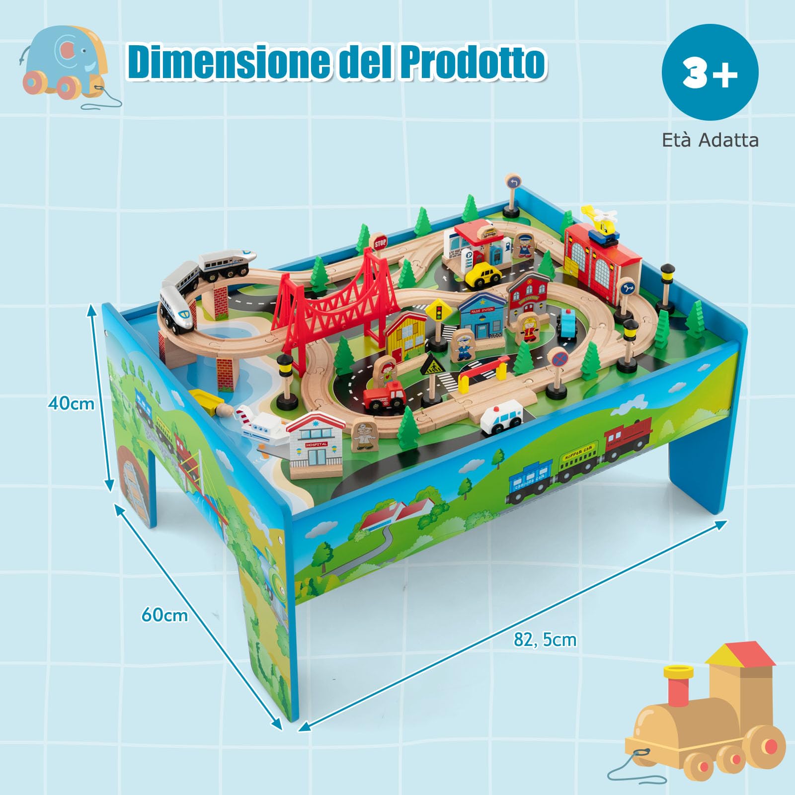 GYMAX Tavolo e Set Ferrovia in Legno, Set Gioco Colorato da 80/84 Pezzi con Piano Reversibile, Cassetto, Binari, Treni, Figure, Macchinine, Tavolo Giocattolo Educativo per Bambini 3 Anni+ (Stile 2)