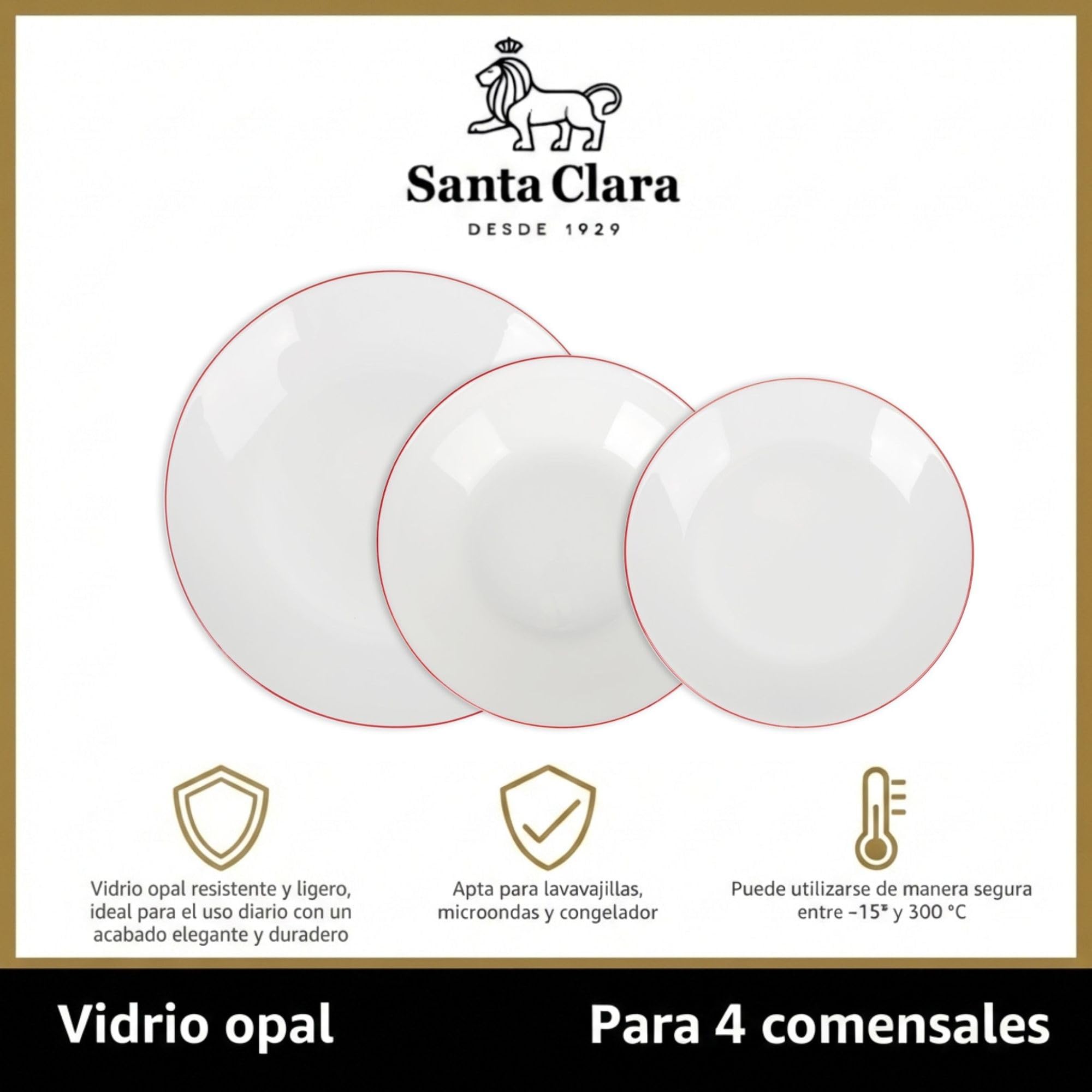 SANTA CLARA | Vajilla Completa 12 Piezas Vidrio Opal para 4 Personas, Apta Microondas y Lavavajillas, Vajilla Amalfi Roja Decorada para Hogar y Cocina — view 3