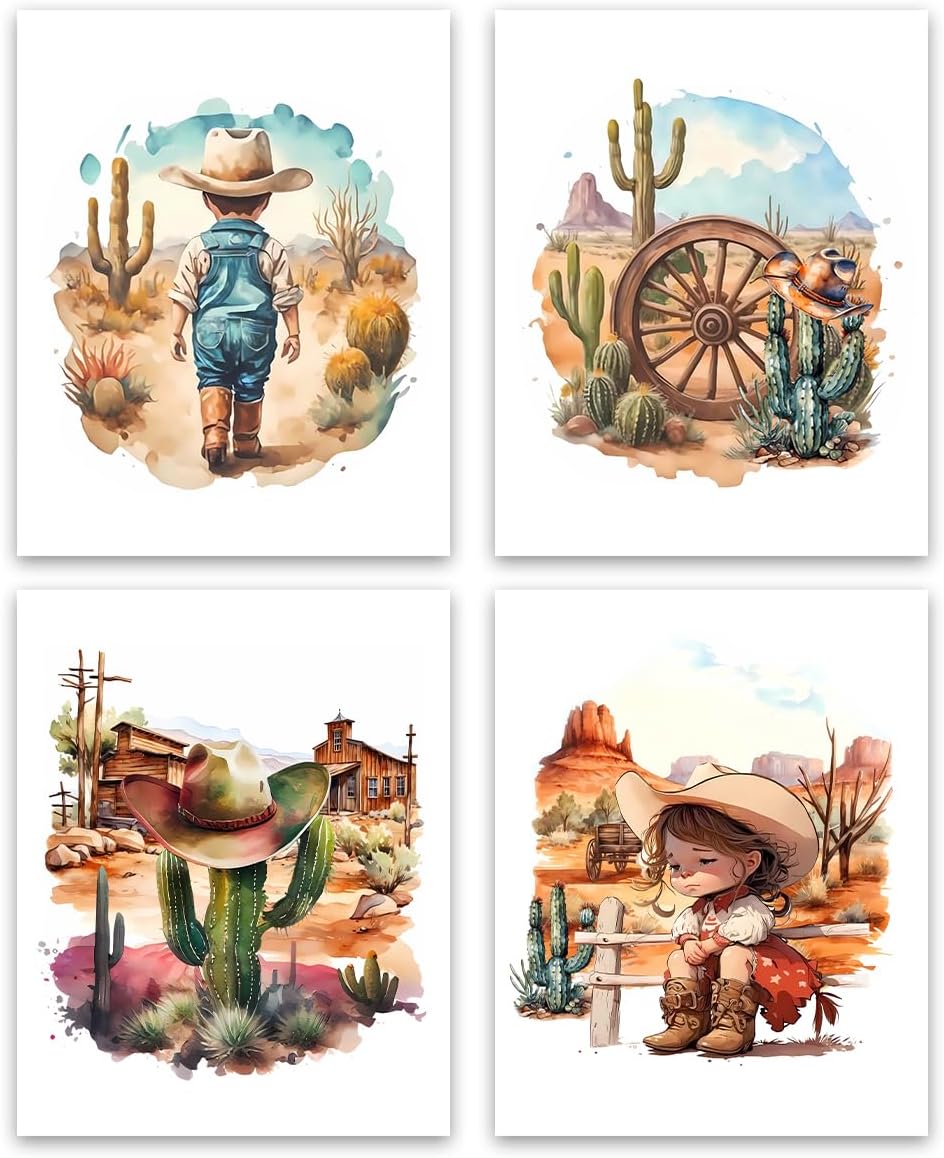 SEOLLX Western Howdy Cowboy Canvas Wall Art,Watercolor Cowboy Hats Cactus Boho Wall Art Prints,Western Landscape Art Prints,Western Cowboy Nursery Decor,Set of 4(8"x10" Unframed)