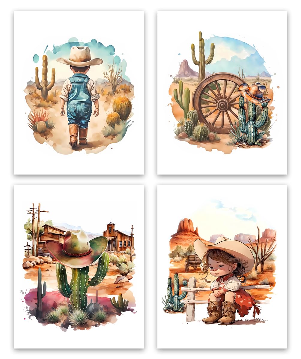 SEOLLX Western Howdy Cowboy Canvas Wall Art,Watercolor Cowboy Hats Cactus Boho Wall Art Prints，Western Landscape Art Prints，Western Cowboy Nursery Decor,Set of 4(8"x10" Unframed)
