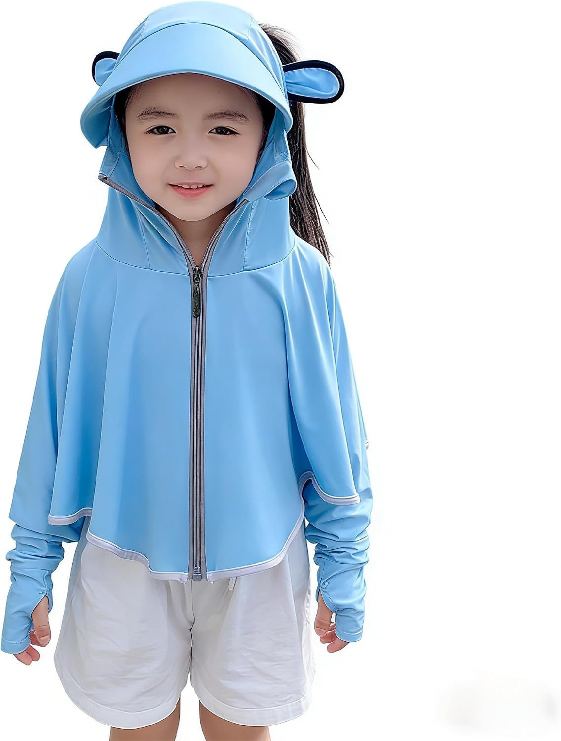 Boys Girls UPF 50+ Summer Zip Hooded Sun Cape Lightweight Breathable Outdoor
