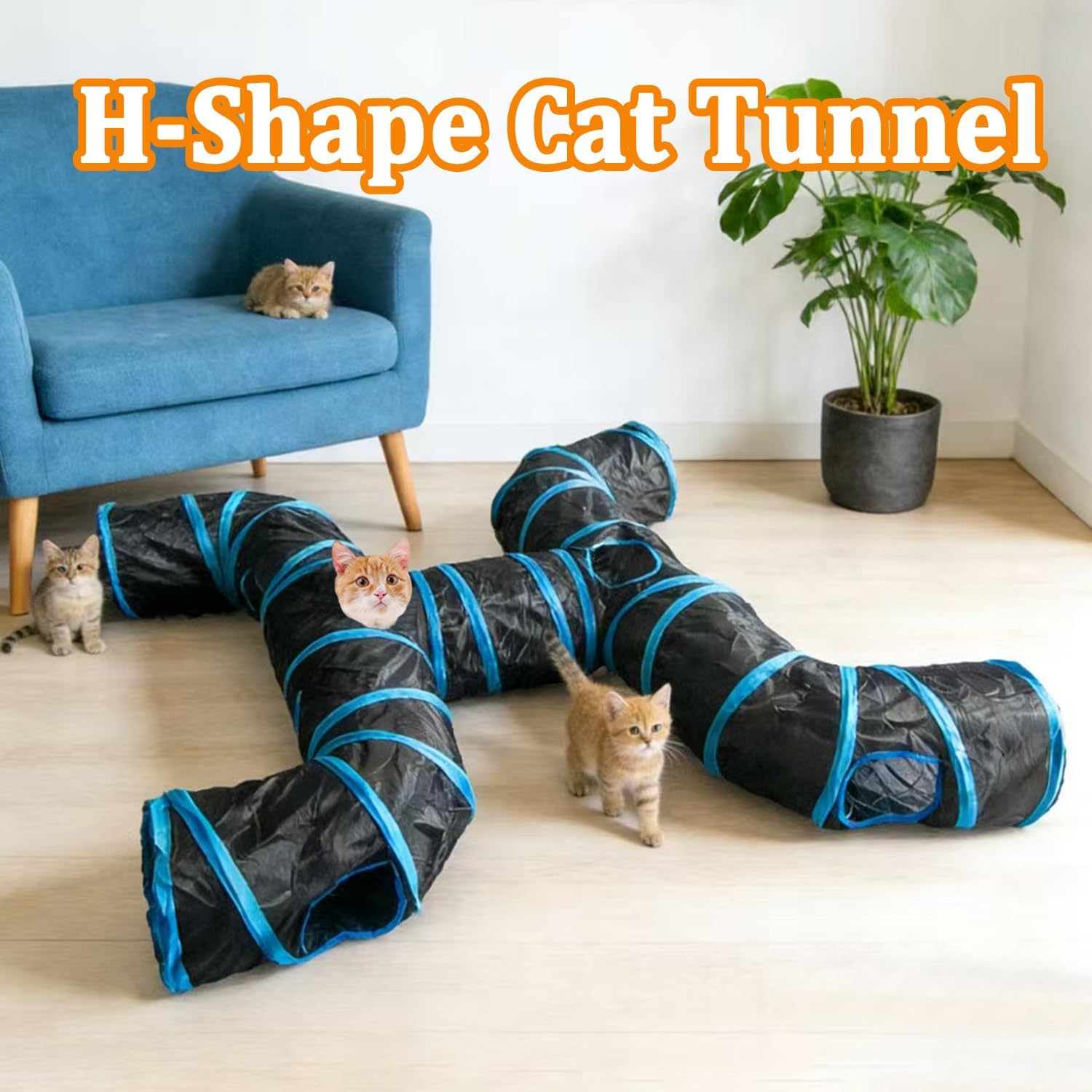 4-Way Large Cat Tunnel, H Shape Cat Tube Toy with Interactive Playing Balls, Peek Hole for Indoor Cats, Kitten, Kitty, Puppy, Rabbit (Black)