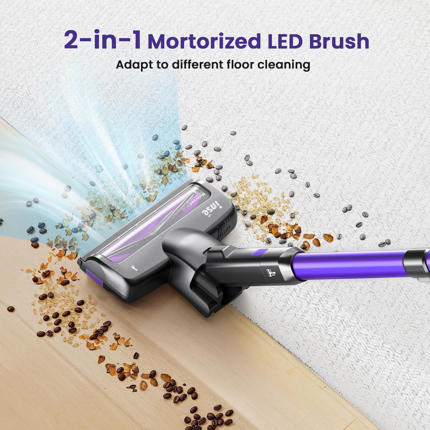 INSE Cordless Vacuum Cleaner, 26Kpa Stick Vacuum Cleaner with Powerful Brushless Motor, Max 45 Min Runtime, 6 in 1 Lightweight Vacuum with LED Display for Carpet Hard Floor Pet Hair, Purple