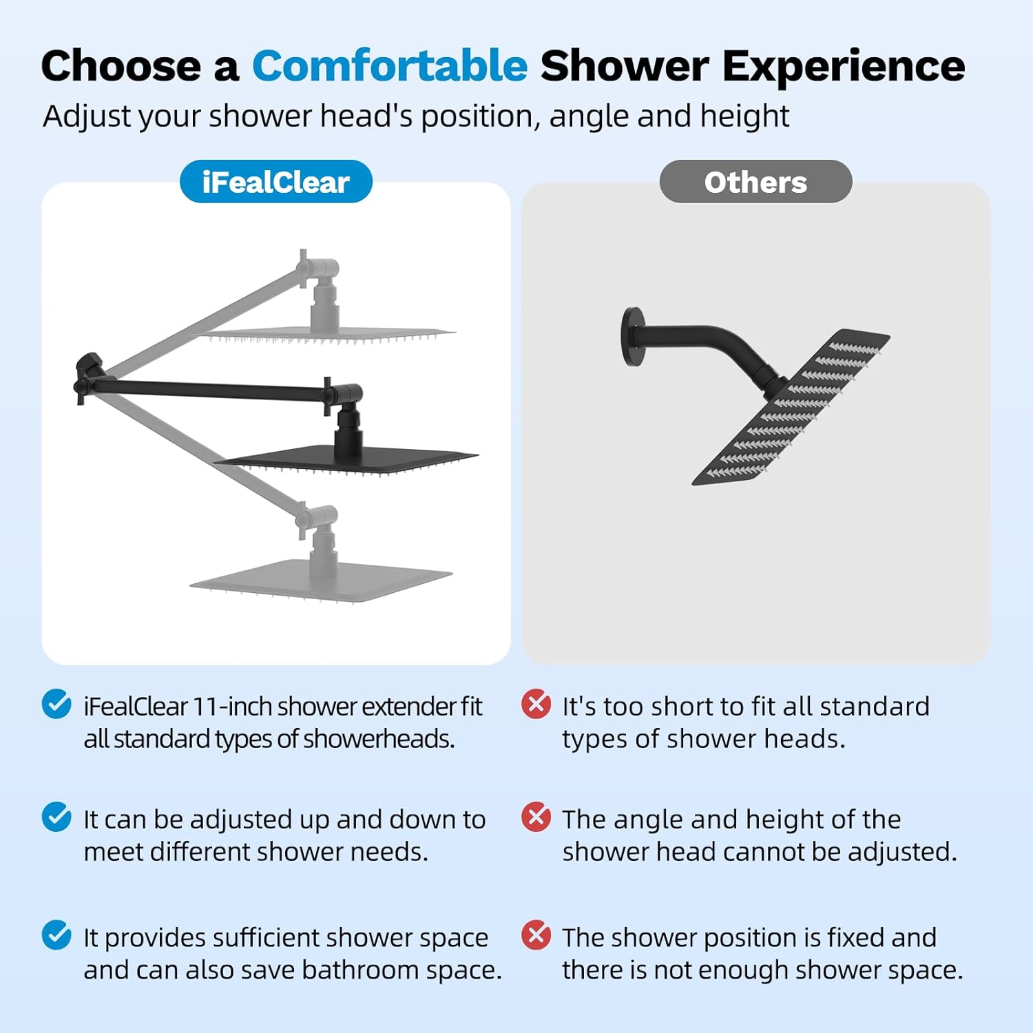 All Metal 11" Black Shower Head Extension Arm, Brass Flexible Shower Head Extender Adjustable Height & Angle, G1/2" Universal Stainless Steel Pipe Extending with Lock Joint for Rain/Fixed Showerhead