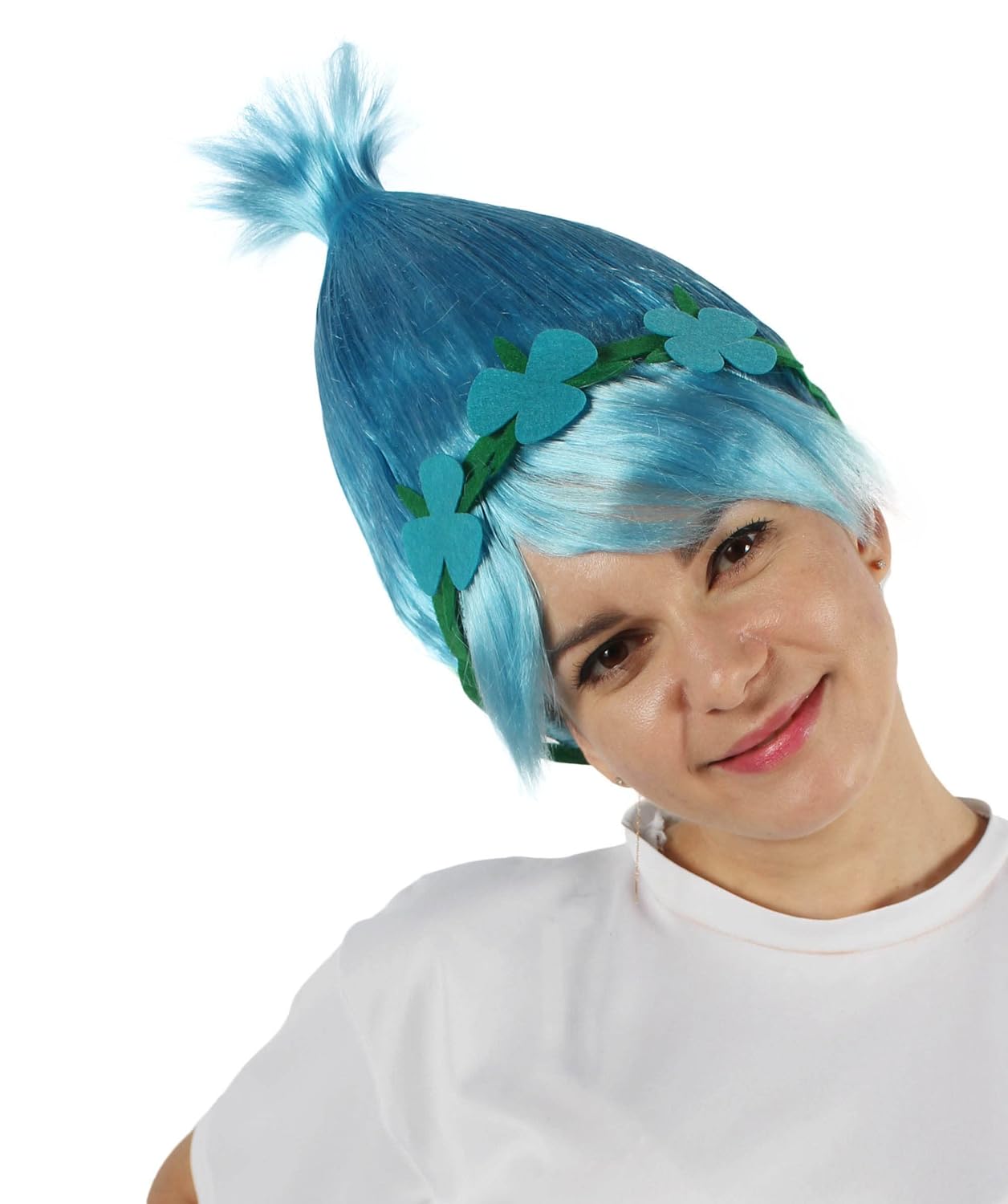 HPO Princess Troll, Colorful Pointy wig with Multiple Color Option Felt Flower Crown, Premium Halloween Wig, Flame-Retardant Synthetic Fiber (Light Blue)