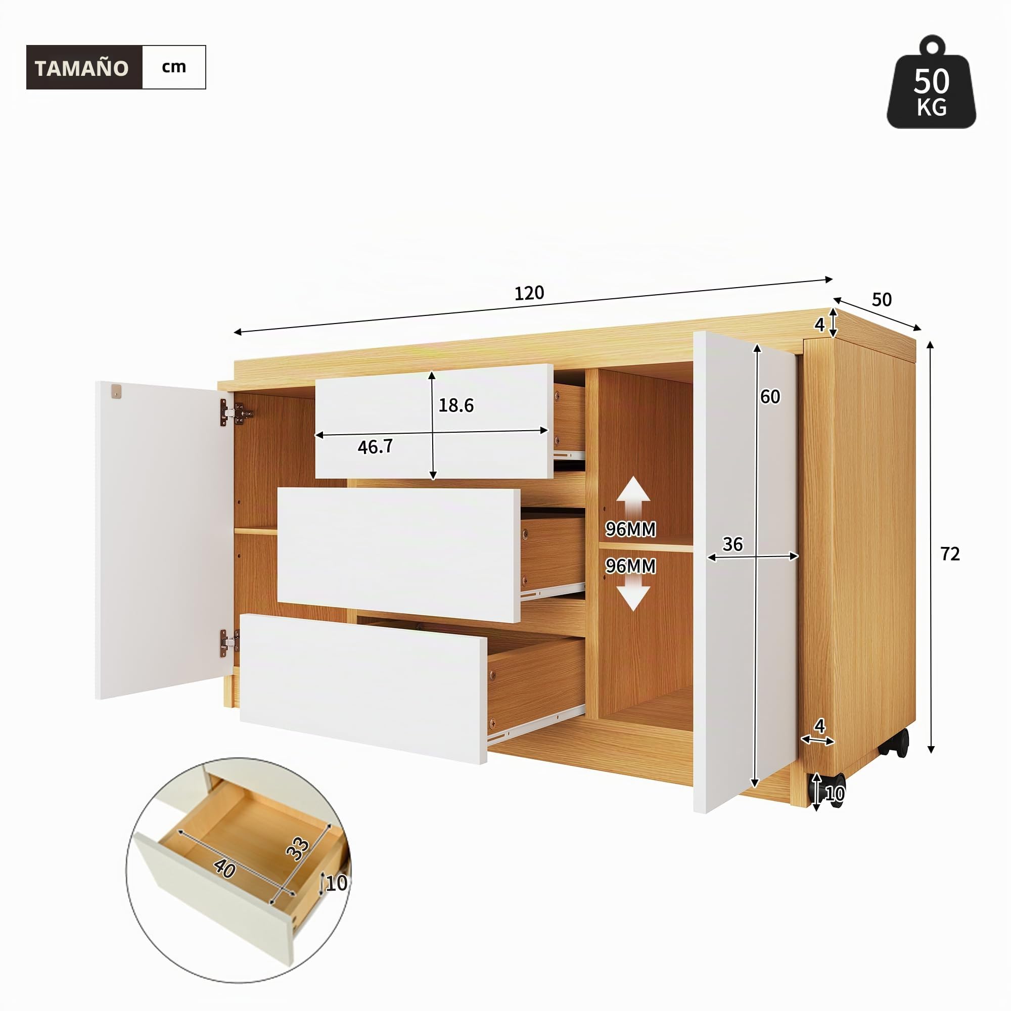 Escritorio con ruedas con bloqueo, diseño multifuncional, 4 cm de grosor, mesa giratoria con bloqueo fijo, blanco/roble, plegable, escritorio esquinero, aparador, material grueso