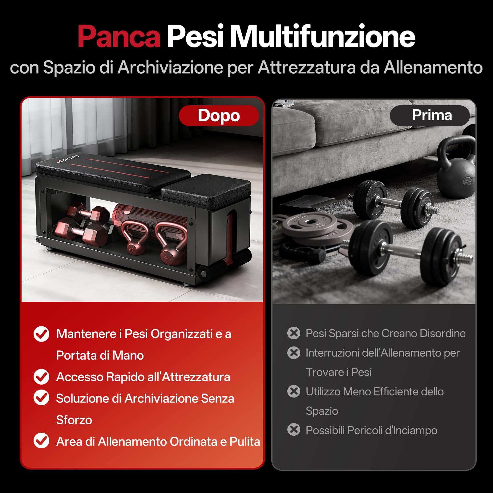 JOROTO MD85 Panca Palestra Regolabile con Deposito Integrato, 990LBS/450KG Capacità Panca Pesi Multifunzione, Braccio di Trazione 9 Posizioni e Schienale 7 Posizioni Panca Piana per Palestra a Casa