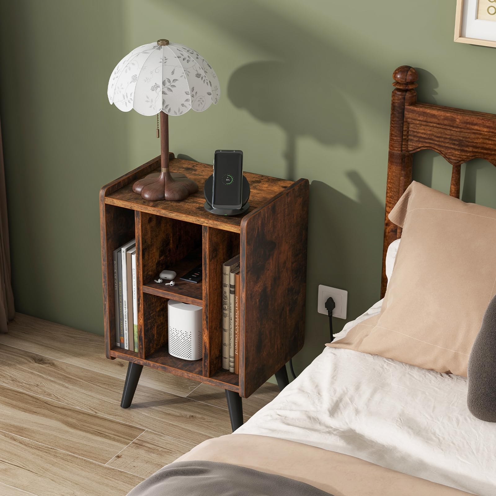 COSTWAY Supporto per Giradischi, Porta Vinili con 4 Ripiani Aperti, Presa di Corrente e Porta USB, con Mensole Espositive, per Soggiorno, Camera da Letto e Ufficio, 43 x 34,5 x 67,5 cm (Marrone)
