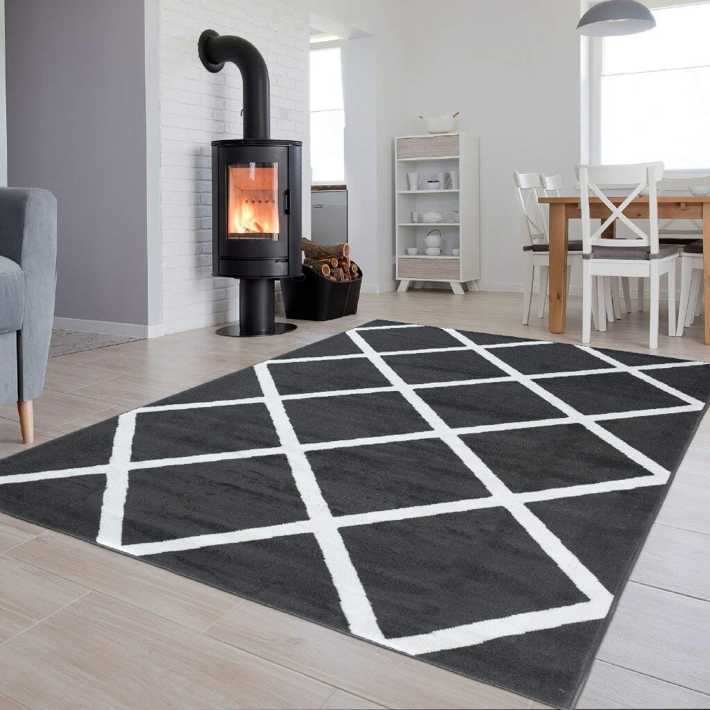 TAPISO Luksusowy dywan z krótkim włosiem, ciemnoszary, biały, nowoczesny, geometryczny, kratka, wzór kwadratowy, do salonu, Ökotex 250 x 300 cm