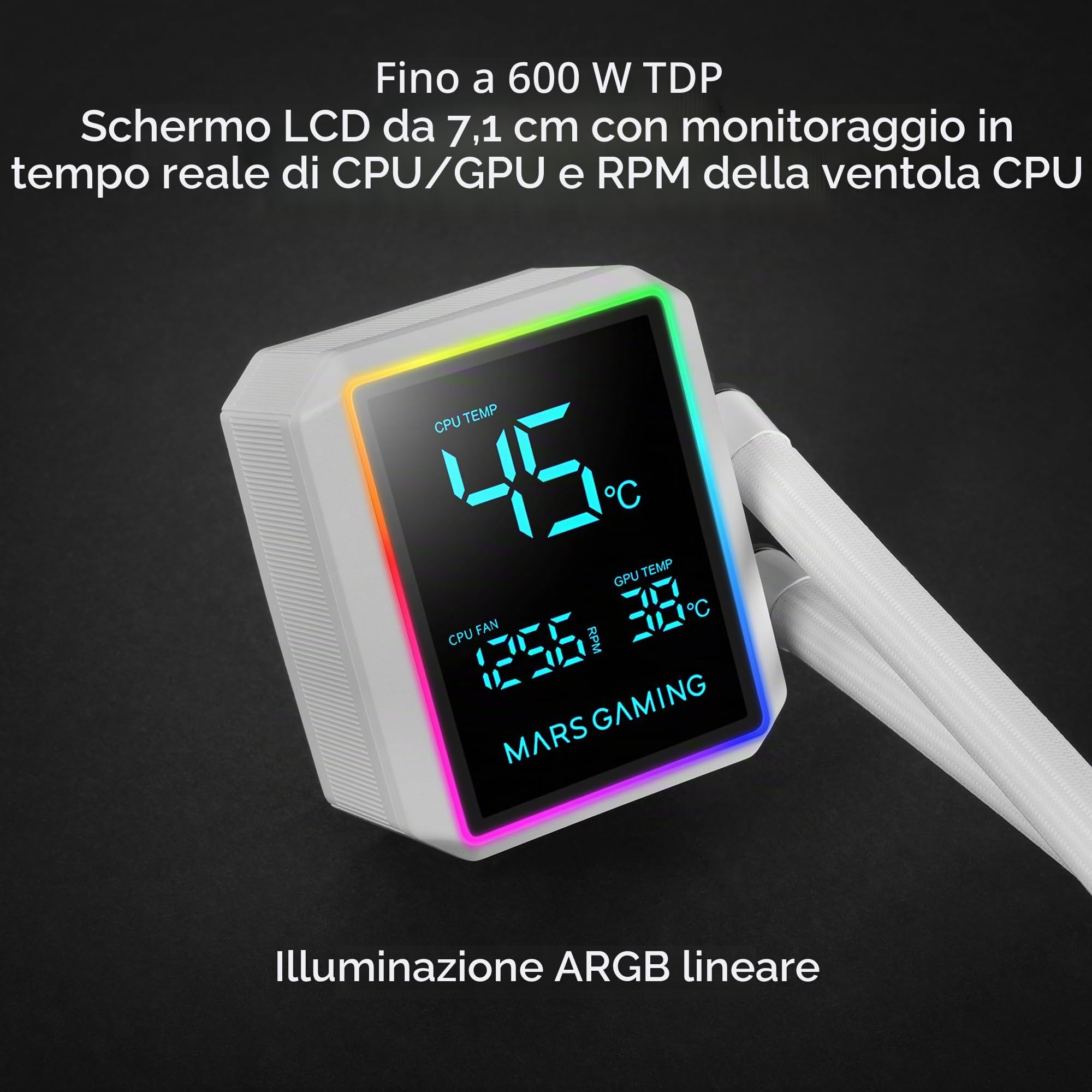 Mars Gaming ML-LCDPRO360 Raffreddamento Liquido AIO 600 W TDP, Schermo LCD 2,8" Multimonitor, Pompa 4ª Gen Opti-Chamber con Base in Rame, 3× Ventole 120 mm ARGB Infinity Mirror, Bianco