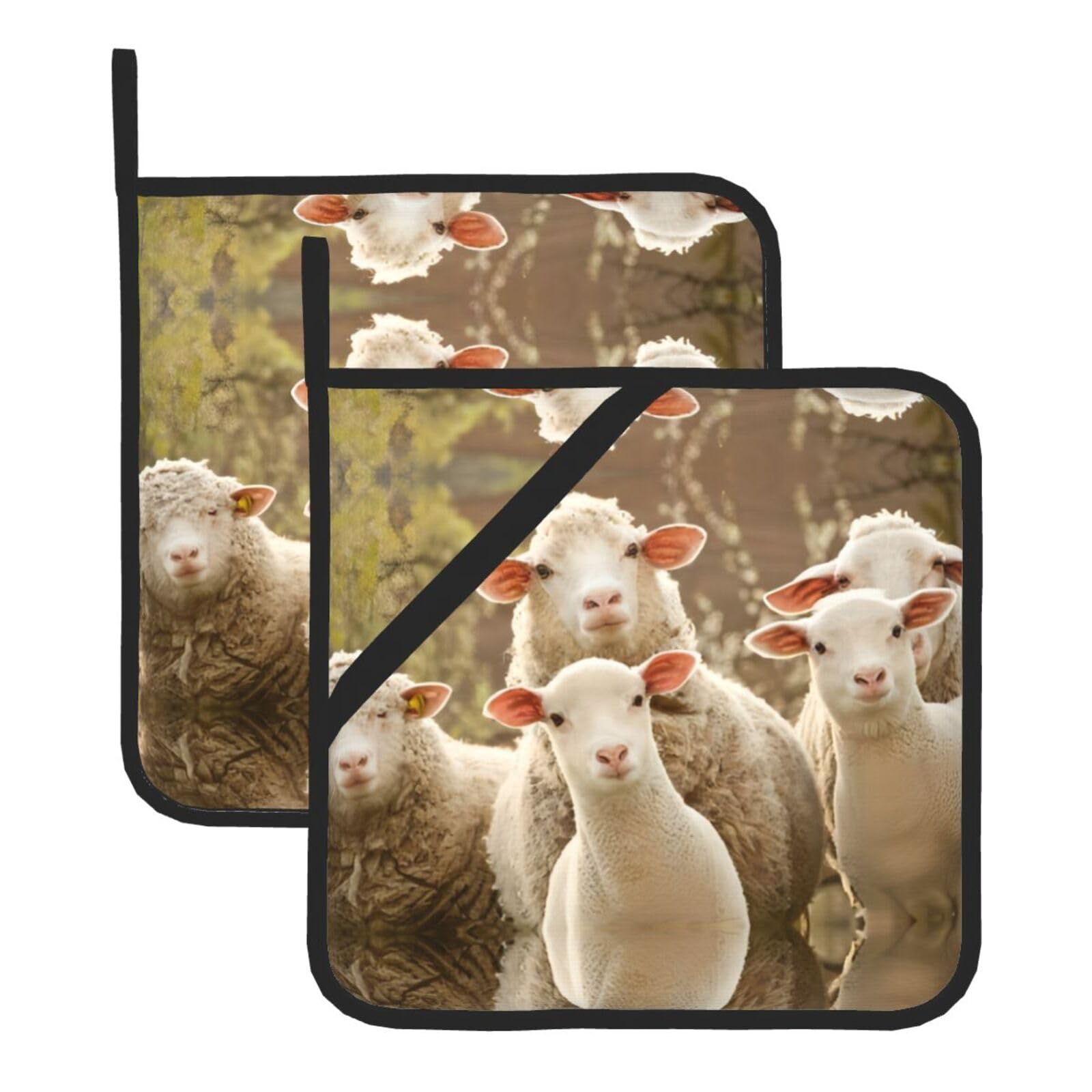 WHJSSF Sheep And Lambs Prints Square Pot Holders - Heat Resistant Kitchen Trivets 2-Pack - Waterproof Covers for Hot Dishes, Oven & Grill with Hanging Loop