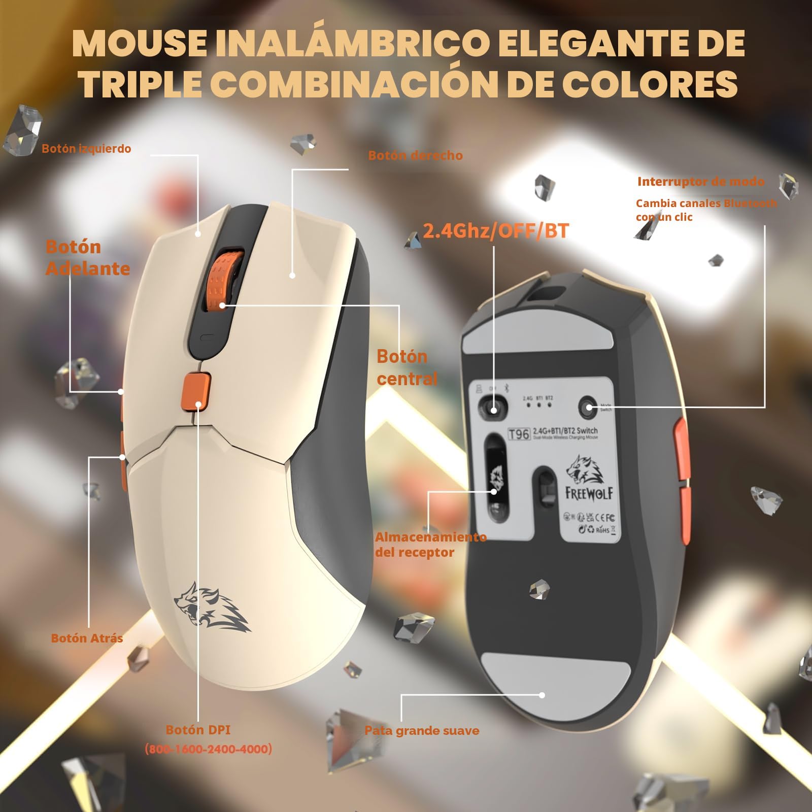 FREEWOLF T96 Teclado y Ratón Inalámbricos, Bluetooth & 2.4G, Teclas PBT, Disposición QWERTY, Pantalla, Silencioso, Anti-Ghosting, Recargable, para Mac/Windows/Linux – Brillar