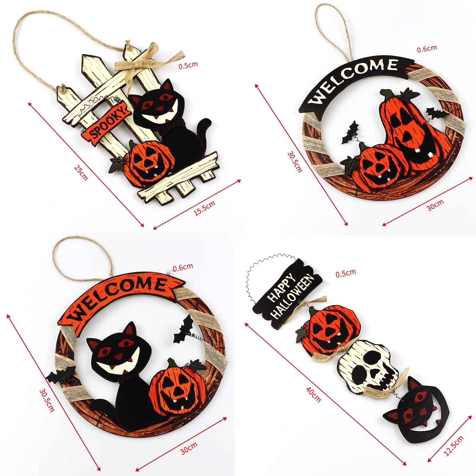 Decorazioni Porta Halloween In Legno - Set Con Gatto Nero, Pipistrello, Zucca E BOO - Ghirlanda Murale - 2
