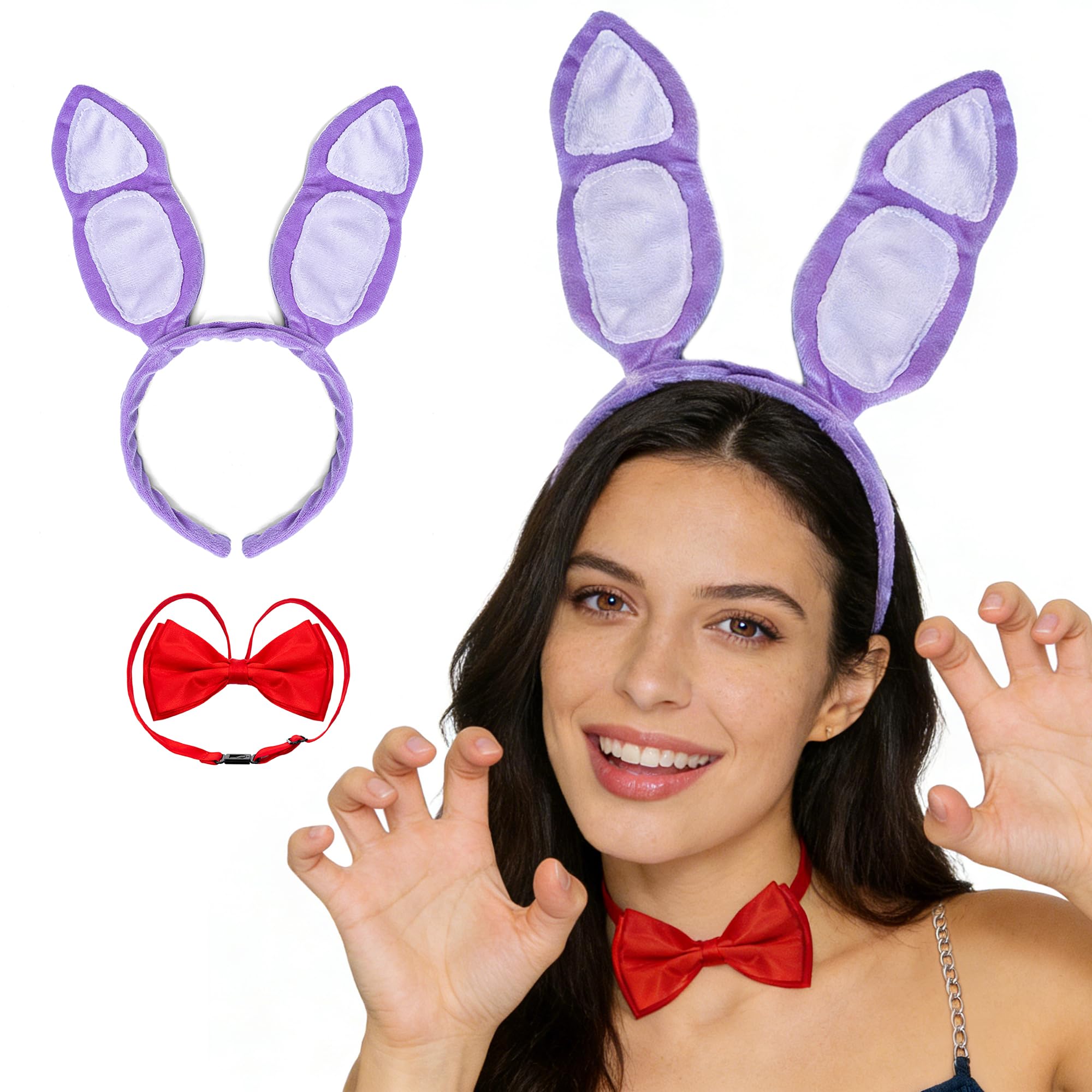 MORTICIA 2Pcs Easter Bunny Costume Accessories Set with Rabbit Ears Headband and Red Bow Tie for Halloween, Cosplay, Party (Purple)