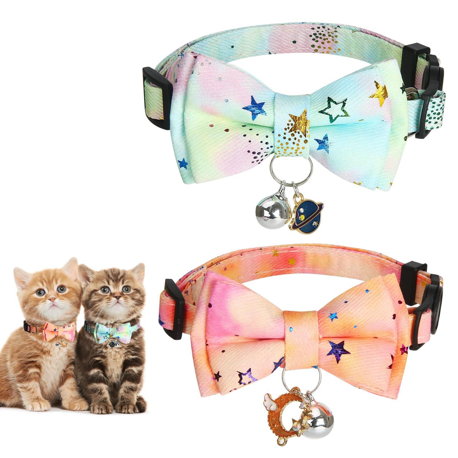 KASTWAVE2 Pack Cute Breakaway Cat Collar with Removable Bow Tie and Bells, Adjustable Kitten Collar, Safety Basic Collar with Patterns for Girl Boy Kitty, Neck 8-11.5"