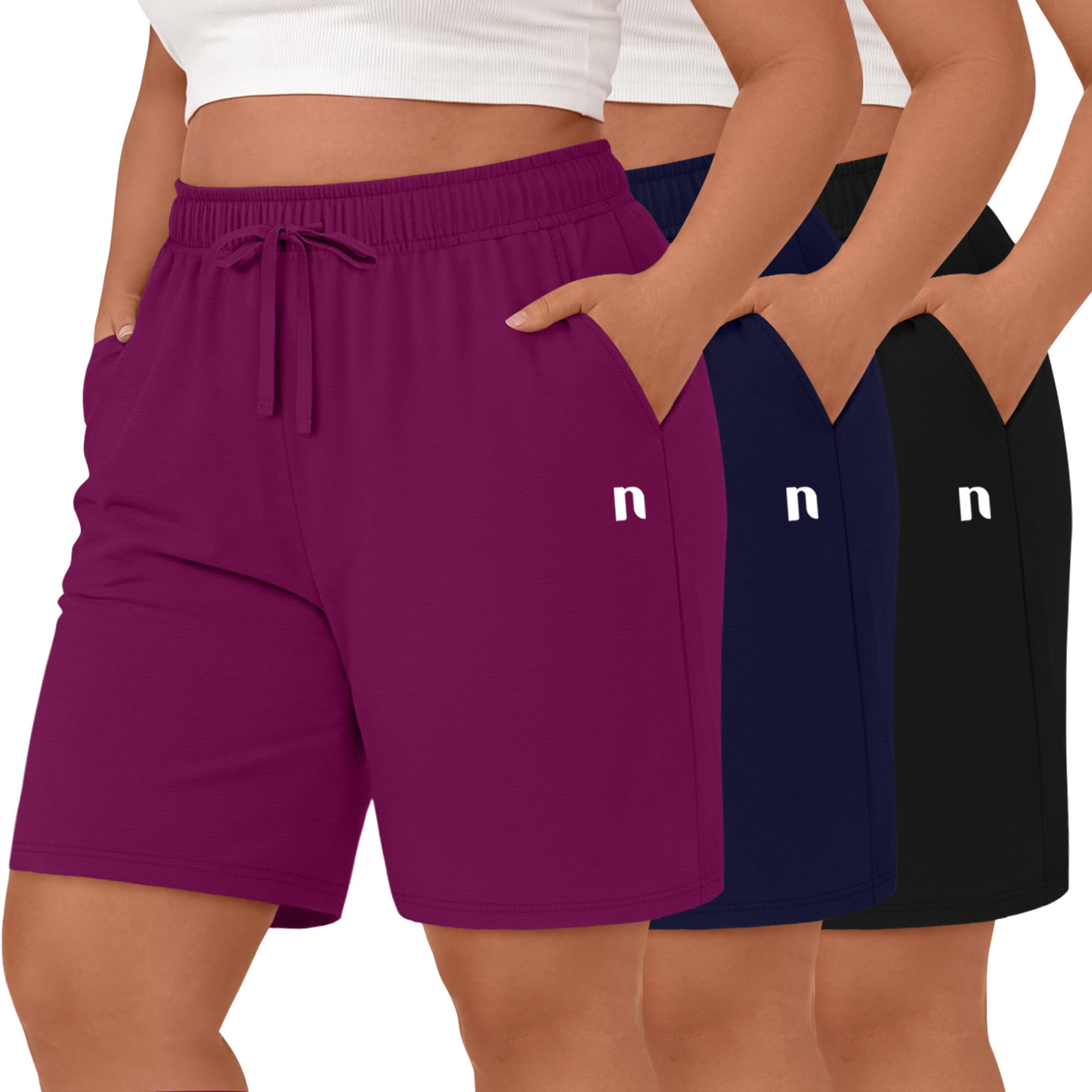 Neer 3 Pezzi Bermuda Donna Plus Size Cotone Vita Alta Casuale Sportiva Pantaloncini Jogging con Taschino