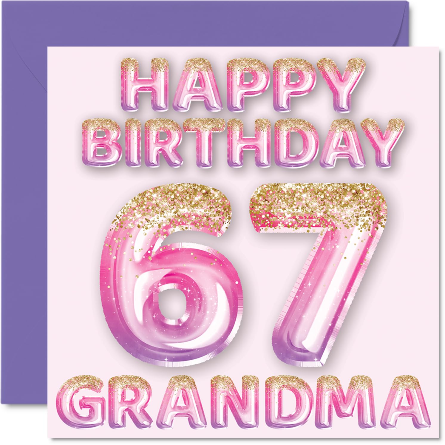 67th Birthday Card for Grandma, Pink & Purple Glitter Balloons