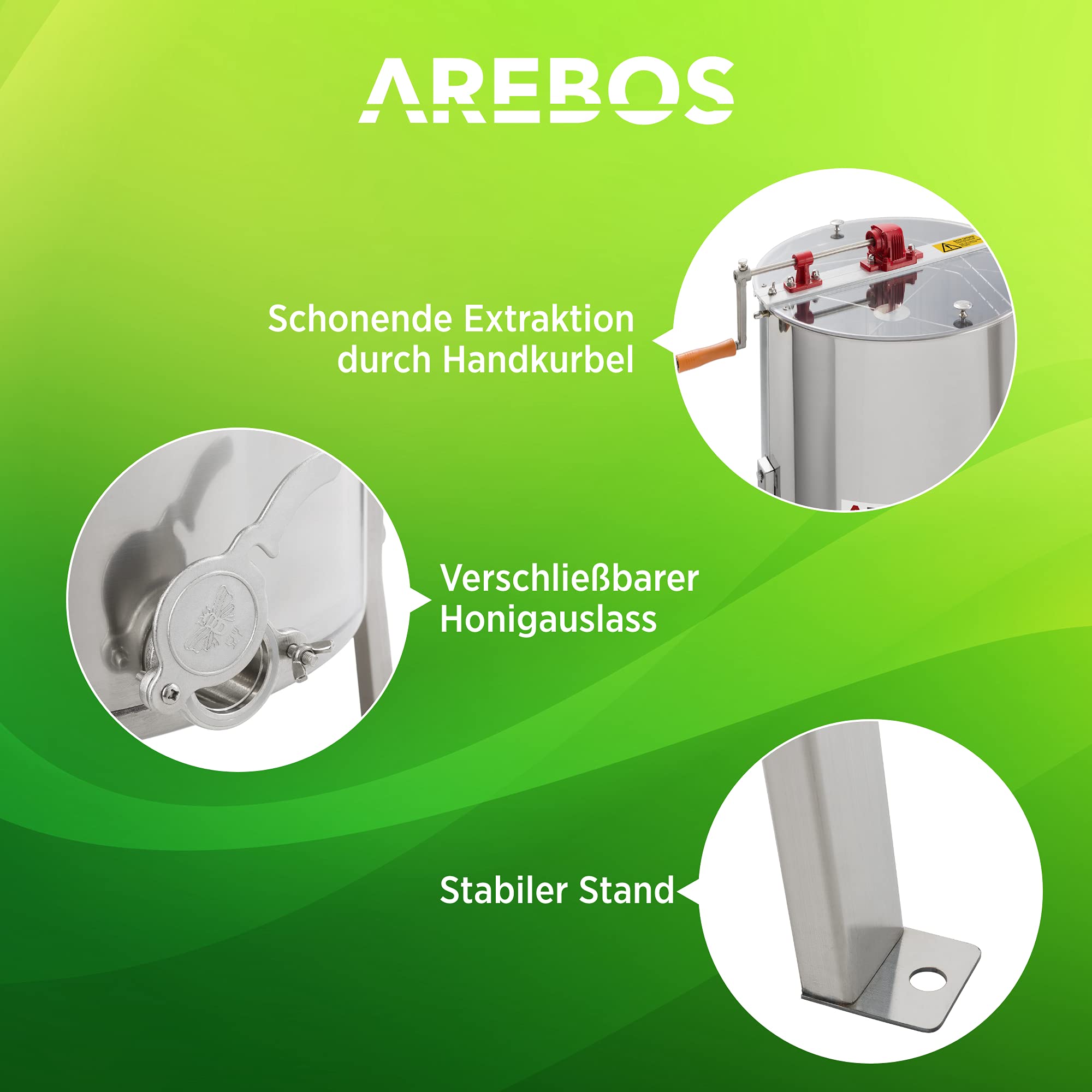 Arebos Premium Manuelle Honigschleuder | 4 Waben Rahmen | Extraktor Tangentialschleuder Edelstahl | Honigextractor mit Deckel | Imkerei und Bienenzüchter Zubehör