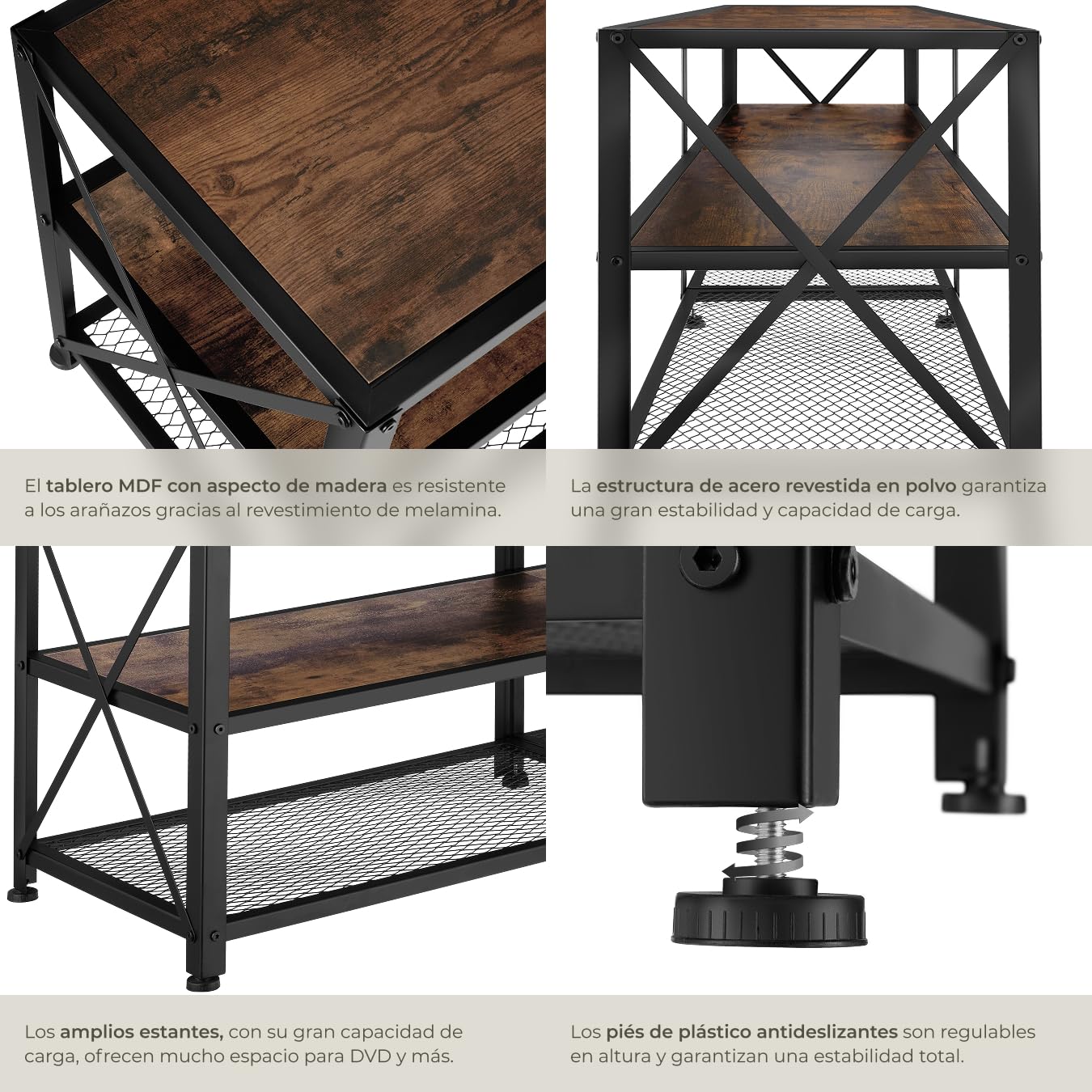 tectake® Mueble TV de Estilo Industrial, Aparador Salon para Televisor con 3 Alturas, Aparadores para Salon y Dormitorio - 161 x 41,5 x 50,5 cm Madera Industrial Oscura, Rústica