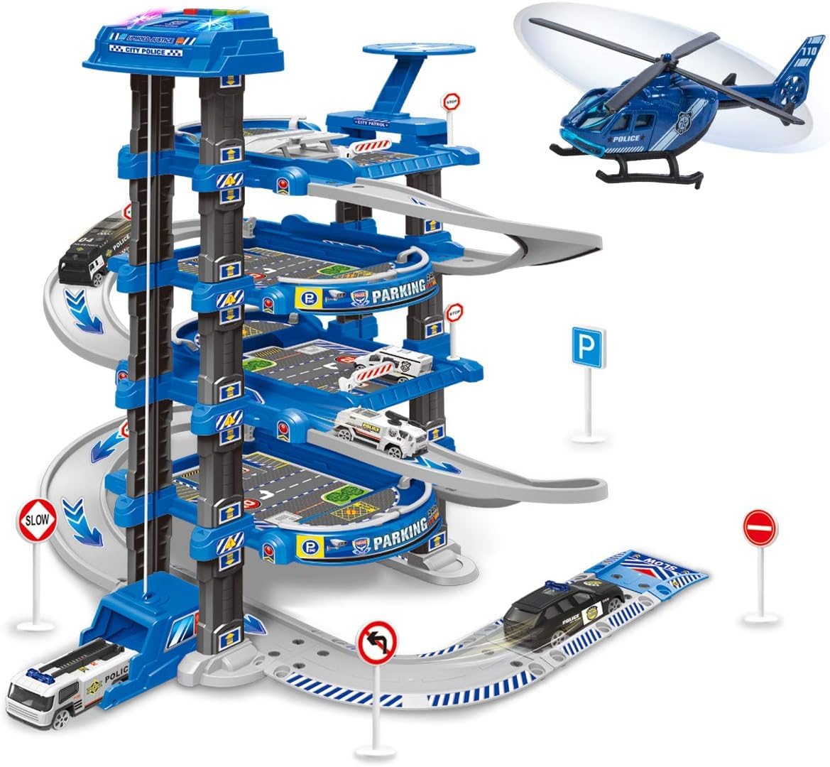 AM ANNA City Ultimate Garage Playset, Car Garage Toys for Boys Girls with Electric Elevator,Toddler Car Track Toy Playset Kids Parking Garage Race Car Ramp Track Toys for Age 3+ Kids, 3 Cars & Map