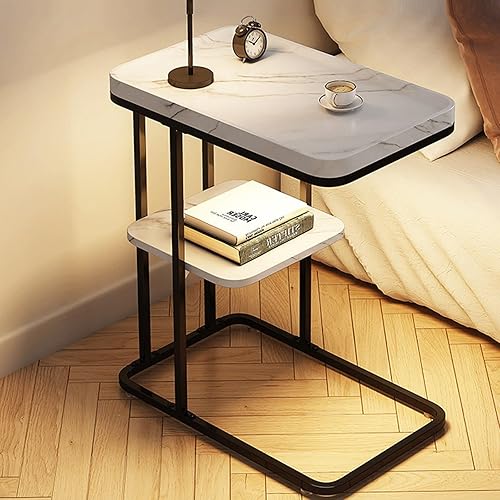 Mesa auxiliar en forma de C, mesa auxiliar pequeña para sofá y cama, espacios pequeños, sala de estar, dormitorio, mesa rústica para aperitivos