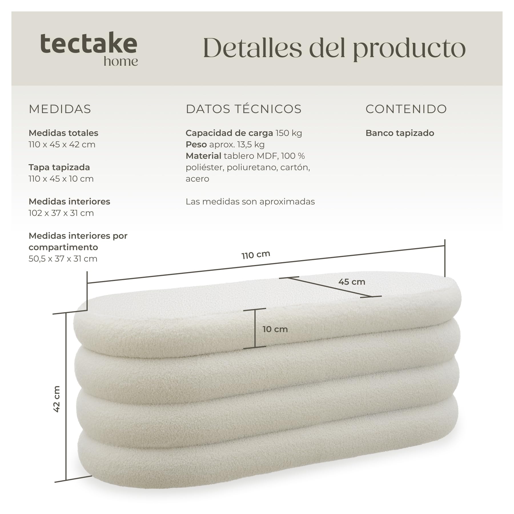 tectake® Banco con Almacenaje, 2 Espacios Almacenamiento, 110 x 45 x 42 cm, Carga Máx: 150 kg, Puff Salon, Decoracion Habitacion, Puff Almacenaje, Reposapies Salon - Bouclé Blanco/Crema