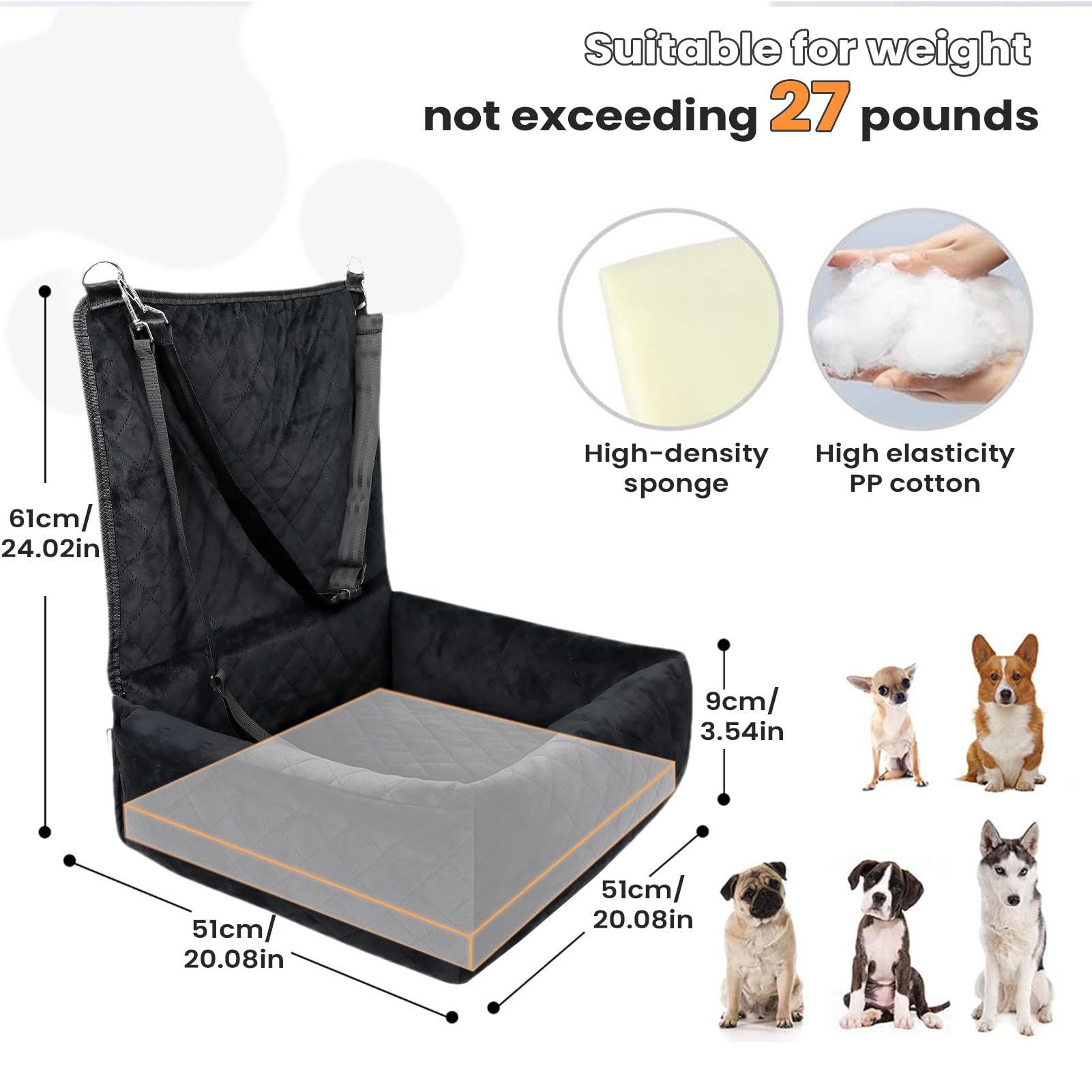 Seggiolino auto per cani – Ventilato 2 tasche laterali | sedile per animali domestici, cuscino di sicurezza per cuccioli – per sedile anteriore e posteriore, viaggi su strada, viaggi