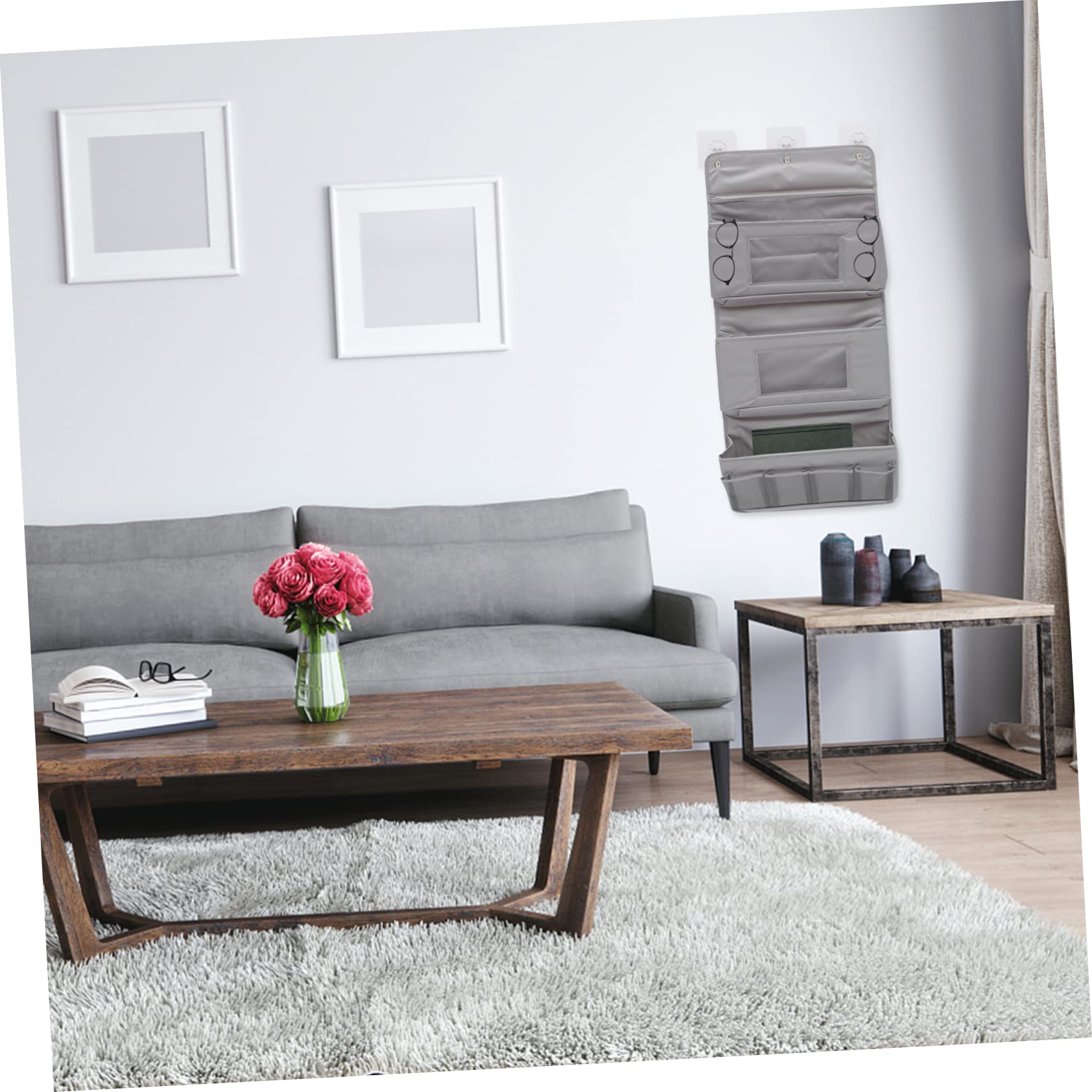 Mikikit Bolsa de Almacenamiento Colgante de Tela Gris con Ganchos sin Perforación Organizador Multiusos para Dormitorio Baño Cocina y Oficina Resistente y Compacto para Ropa y Objetos