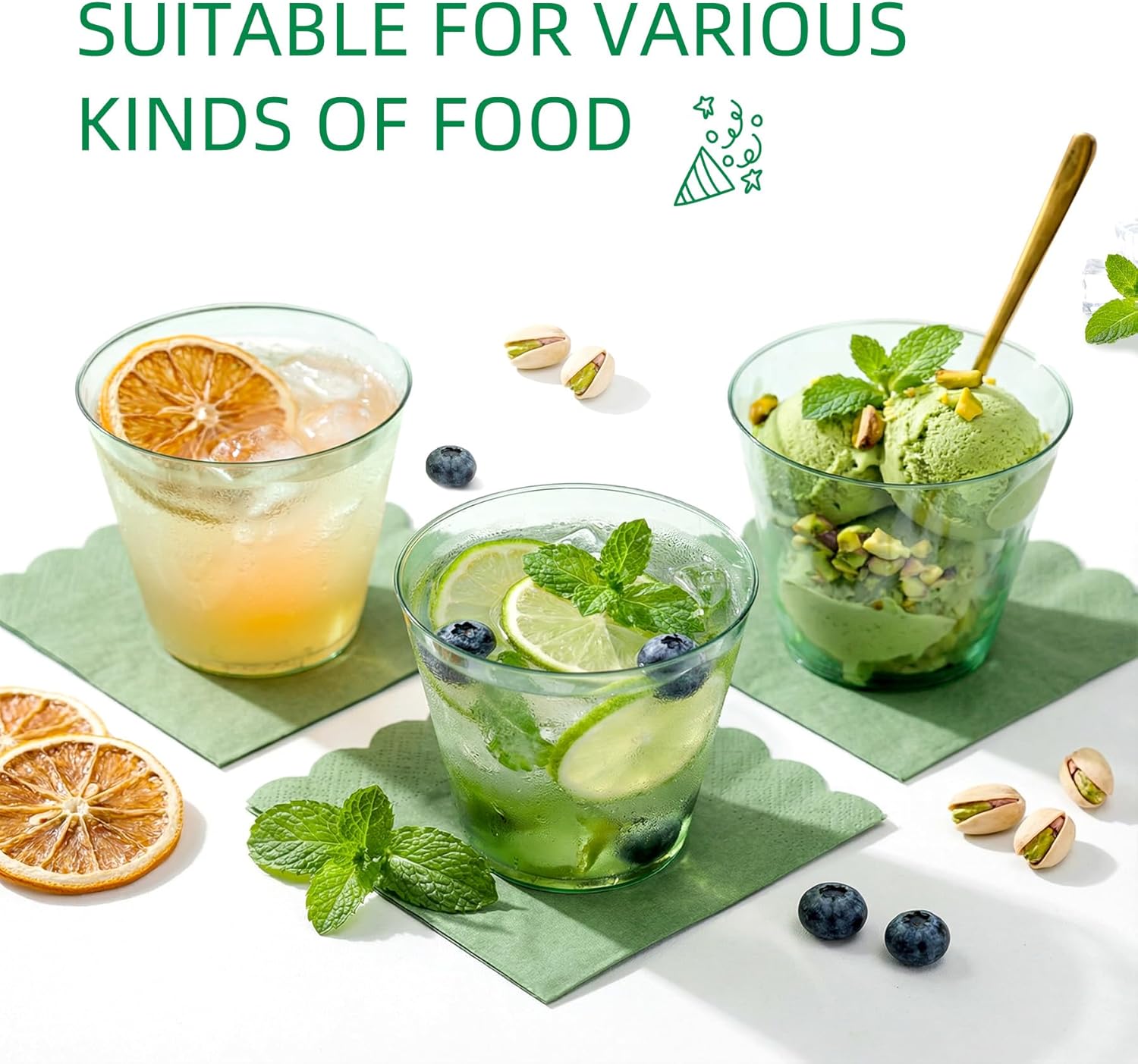 N9R 200PCS 9 oz Sage Green Plastic Cups for Cold Beverages, Disposable Plastic Cups Tumblers, Heavy Duty Cocktail Cup for Parties, Weedings, Events and Gatherings