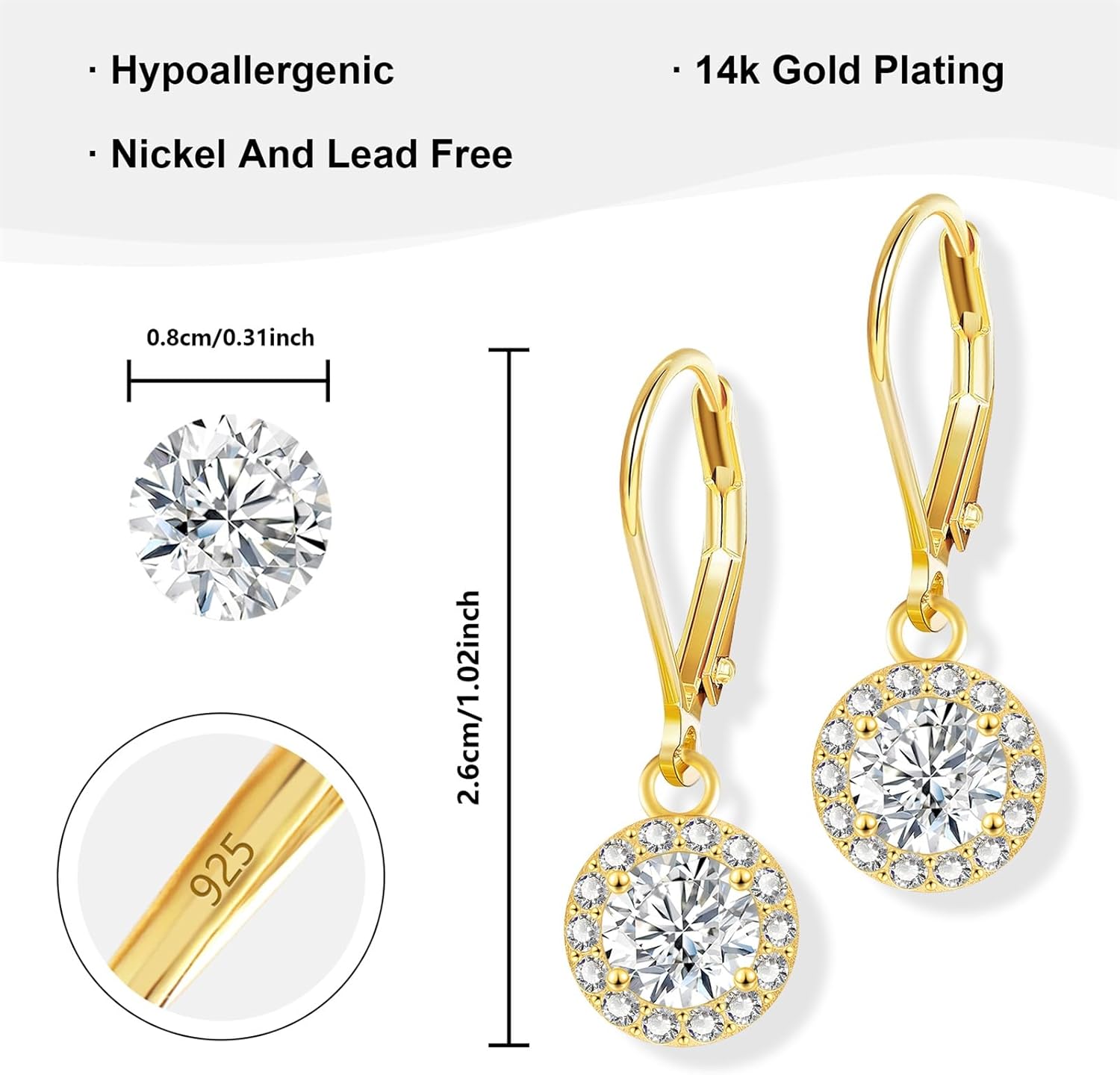 ALEXCRAFT Sterling Silver Leverback Dangle Drop Earrings for Women, Cubic Zirconia Small Round Square Halo Drop Earring Hypoallergenic Jewelry for Wedding Bridal - Image 6