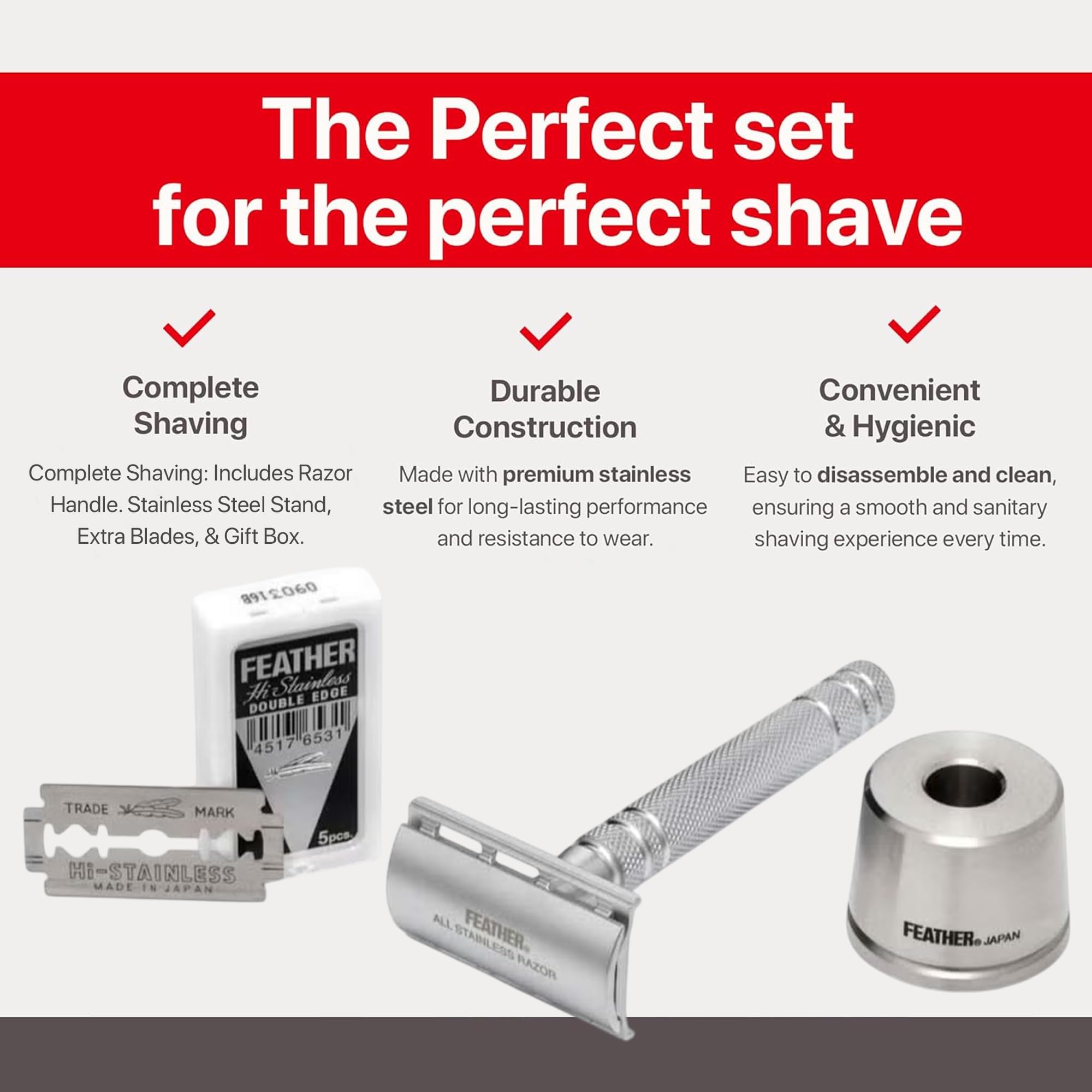 Jatai Feather Stainless Steel Double Edge Razor with Stainless Steel Stand, Extra Blades, & Gift Box by Jatai