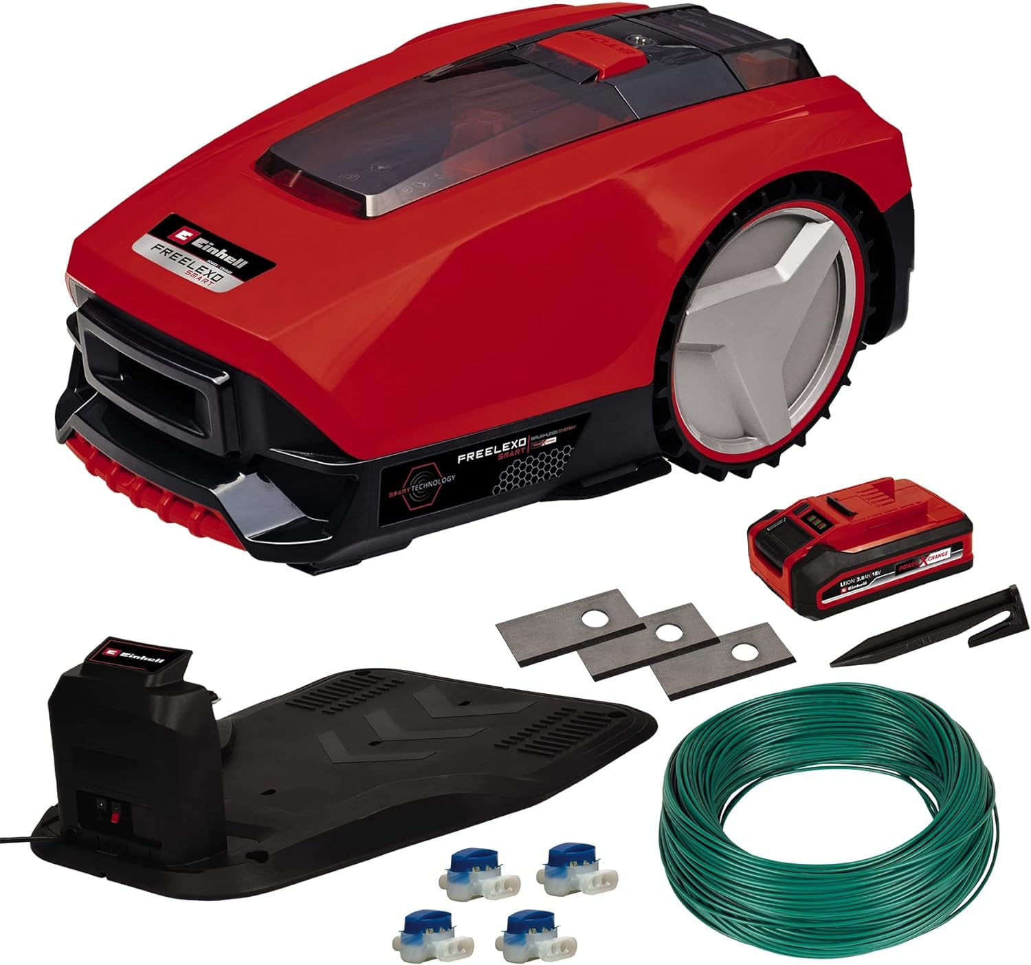 Einhell Robot cortacésped FREELEXO Smart 750 LCD+ Power X-Change (Puesta en Red Inteligente, cálculo de Tiempo de siega dependiente del Tiempo, 750 m², Modo de Segunda área, Incl. Kit instalación)